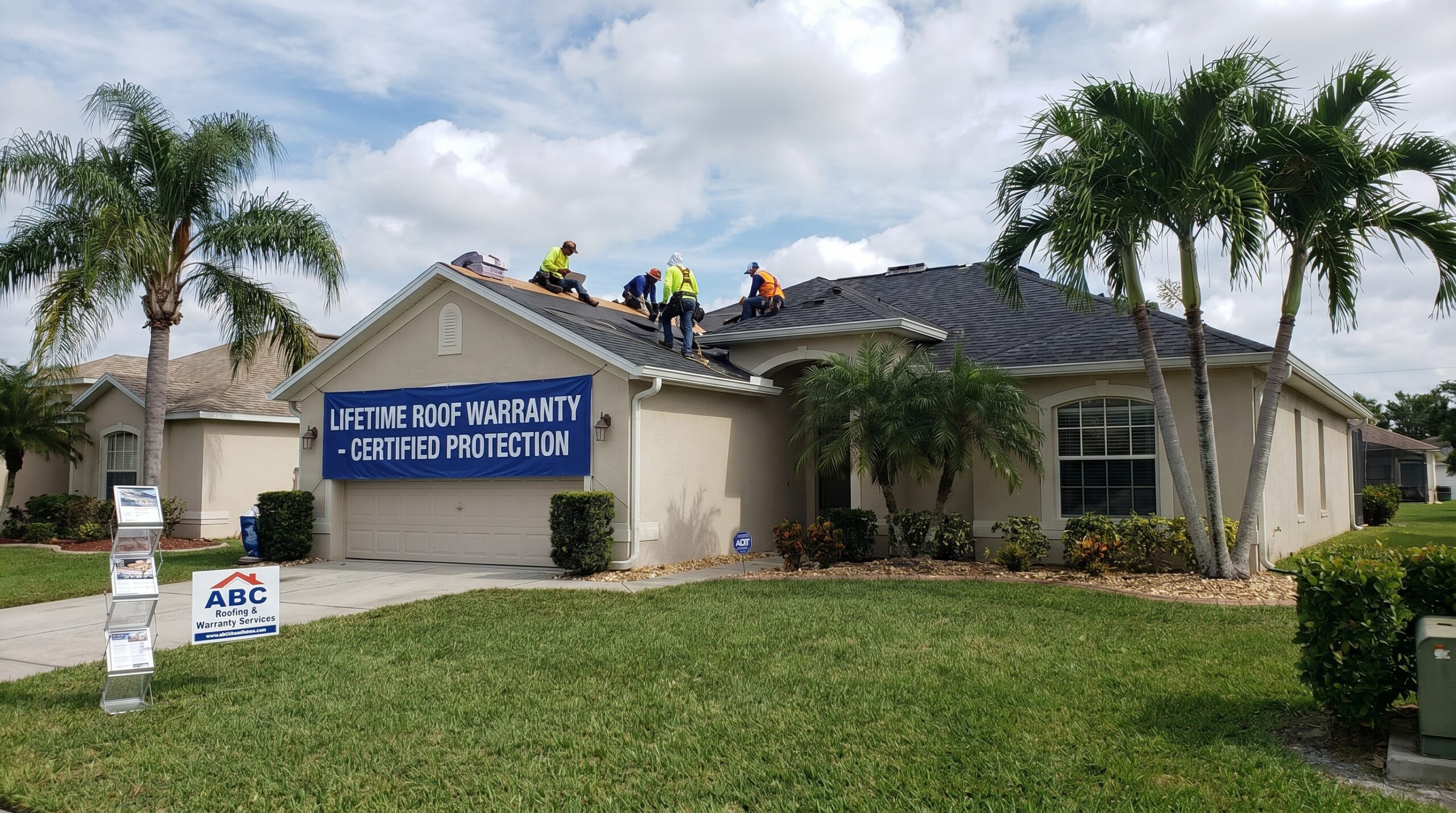 Several workers repair the dark-shingled roof of a beige house. A large blue banner on the garage reads "Lifetime Roof Warranty • Certified Protection." Palm trees and a sign for ABC Roofing are visible in the yard.