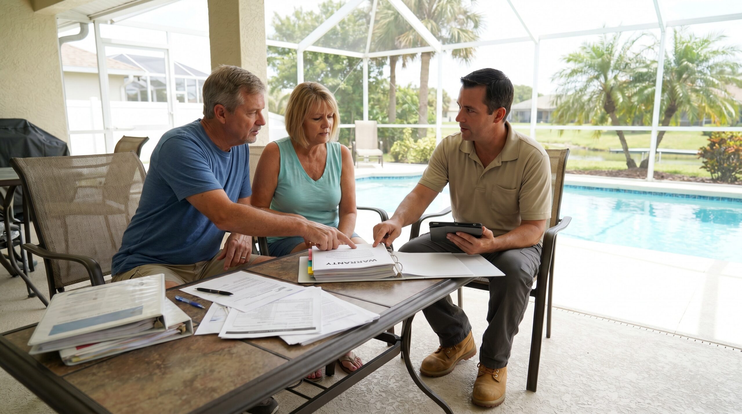Florida homeowner reviewing warranty documents with contractor