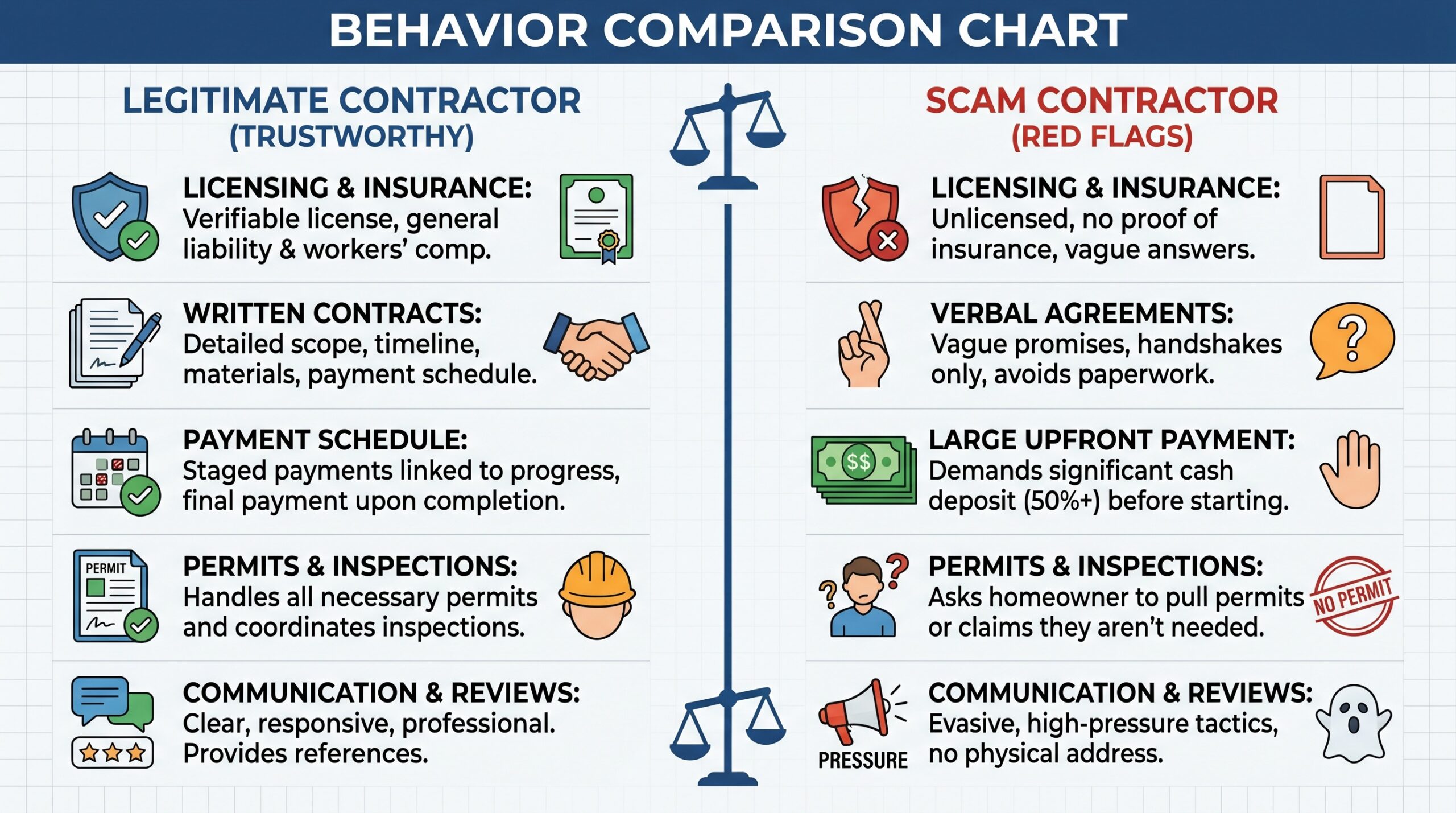 Comparison chart showing legitimate contractor vs scam contractor behaviors