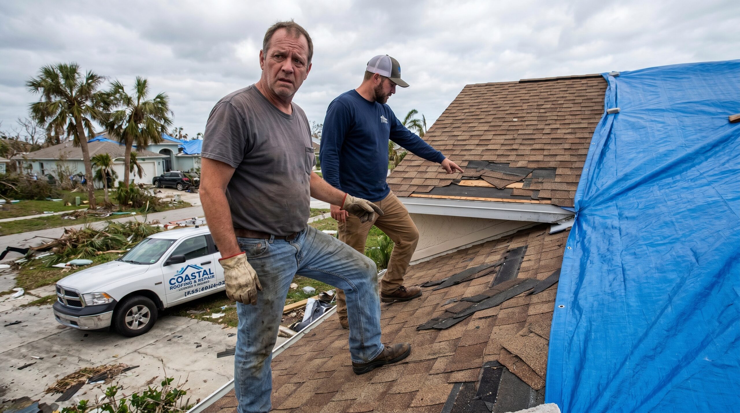Two men stand on a shingled roof, assessing storm damage; one looks at the camera while the other examines the shingles. A blue tarp covers part of the roof. A truck labeled "Coastal" is parked nearby. Palm trees in the background.