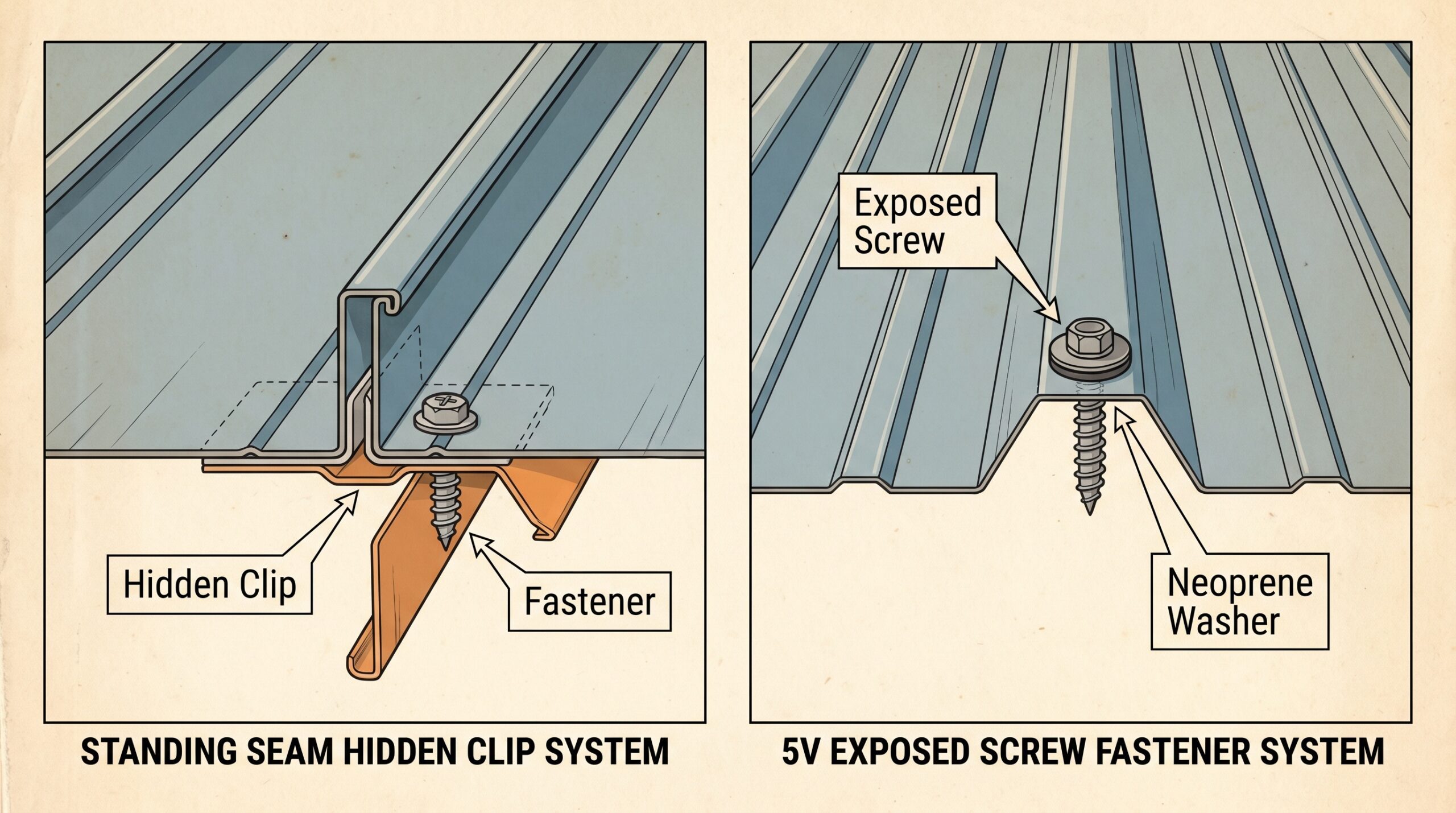 Close-up cross-section diagram showing standing seam hidden clip system versus 5V exposed screw fastener system