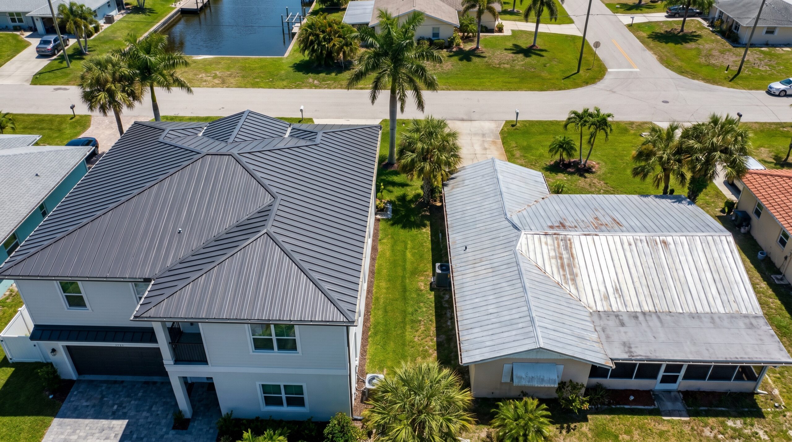 Aerial view of two neighboring houses: one modern with a dark metal roof, the other older with a weathered, light-colored roof, separated by a narrow strip of grass, with palm trees and a street visible in the background.