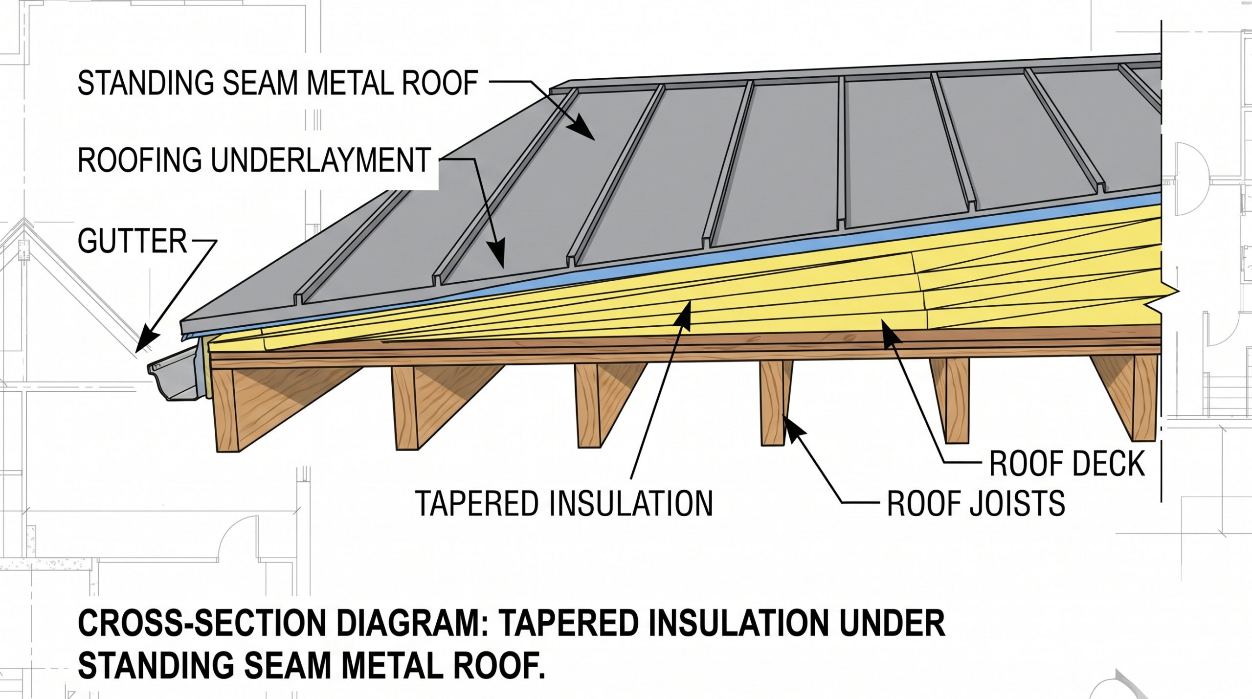 Cross-section diagram showing tapered insulation installation under standing seam metal roof