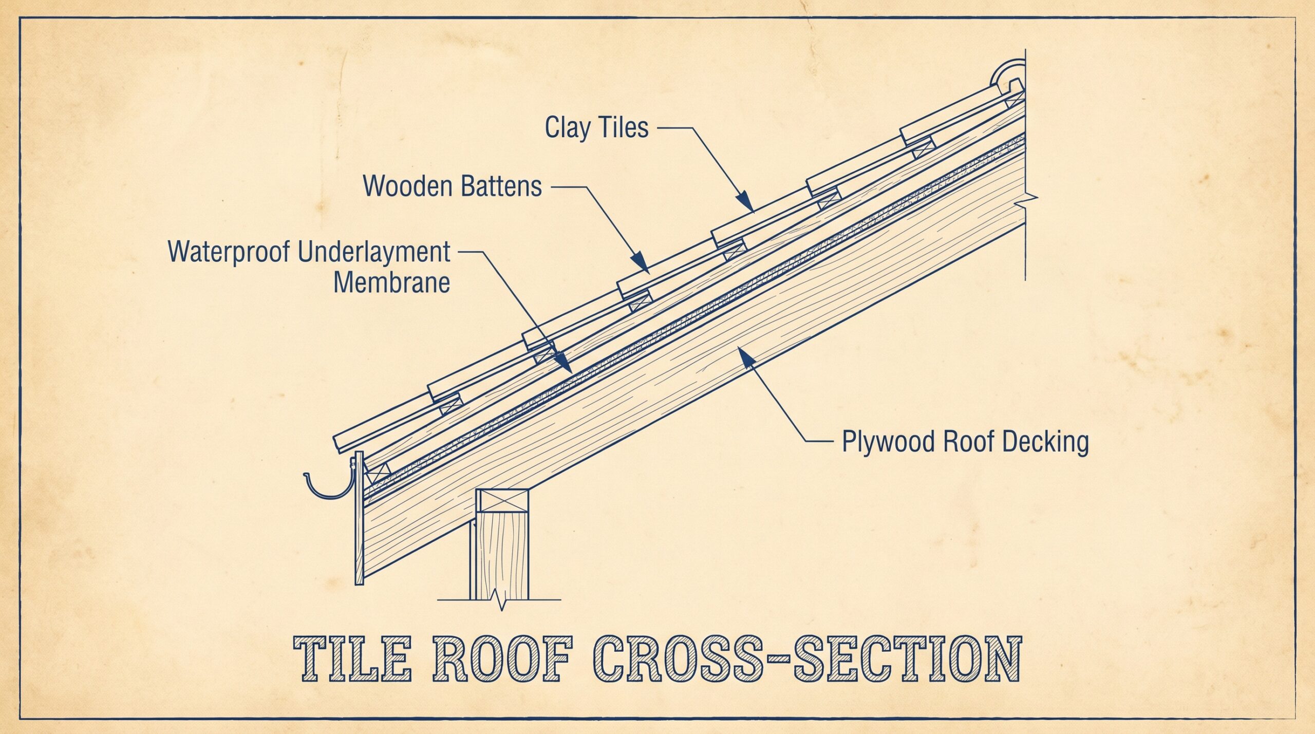 Cross-section diagram of tile roof showing tiles, battens, underlayment, and decking layers