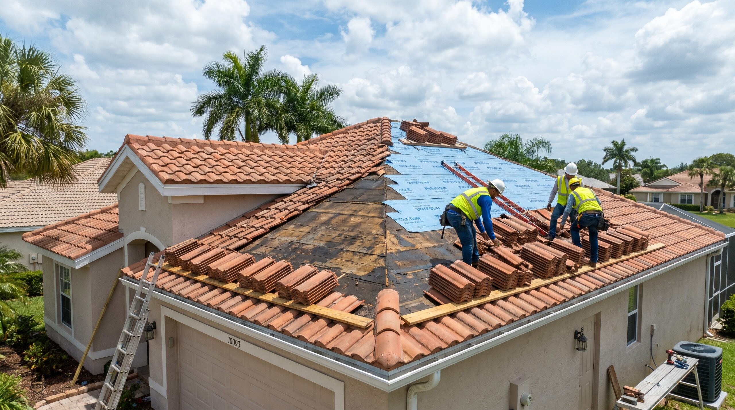 Two workers in safety vests and helmets install roofing tiles on a house, with part of the roof covered in blue underlayment and stacks of tiles. Palm trees and neighboring homes are visible in the background.