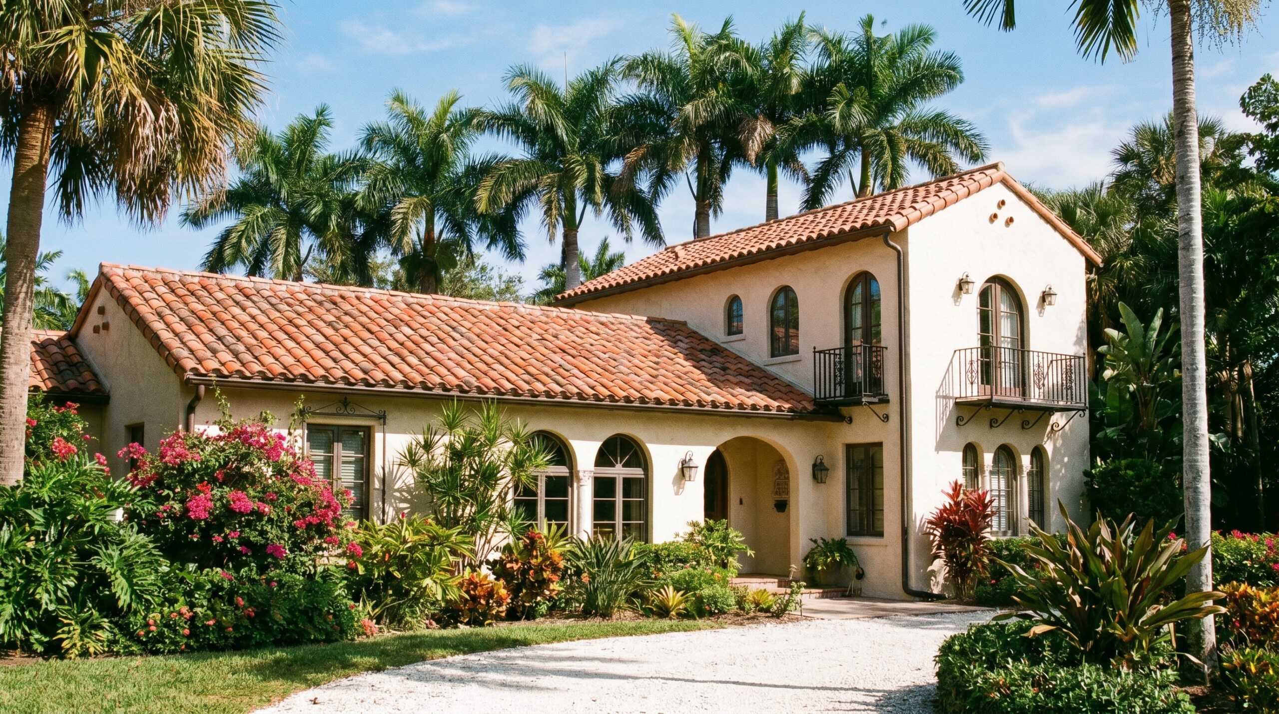 A Mediterranean-style house with a red-tiled roof, arched windows, and a small balcony, surrounded by lush tropical plants, flowers, and palm trees under a partly cloudy sky.