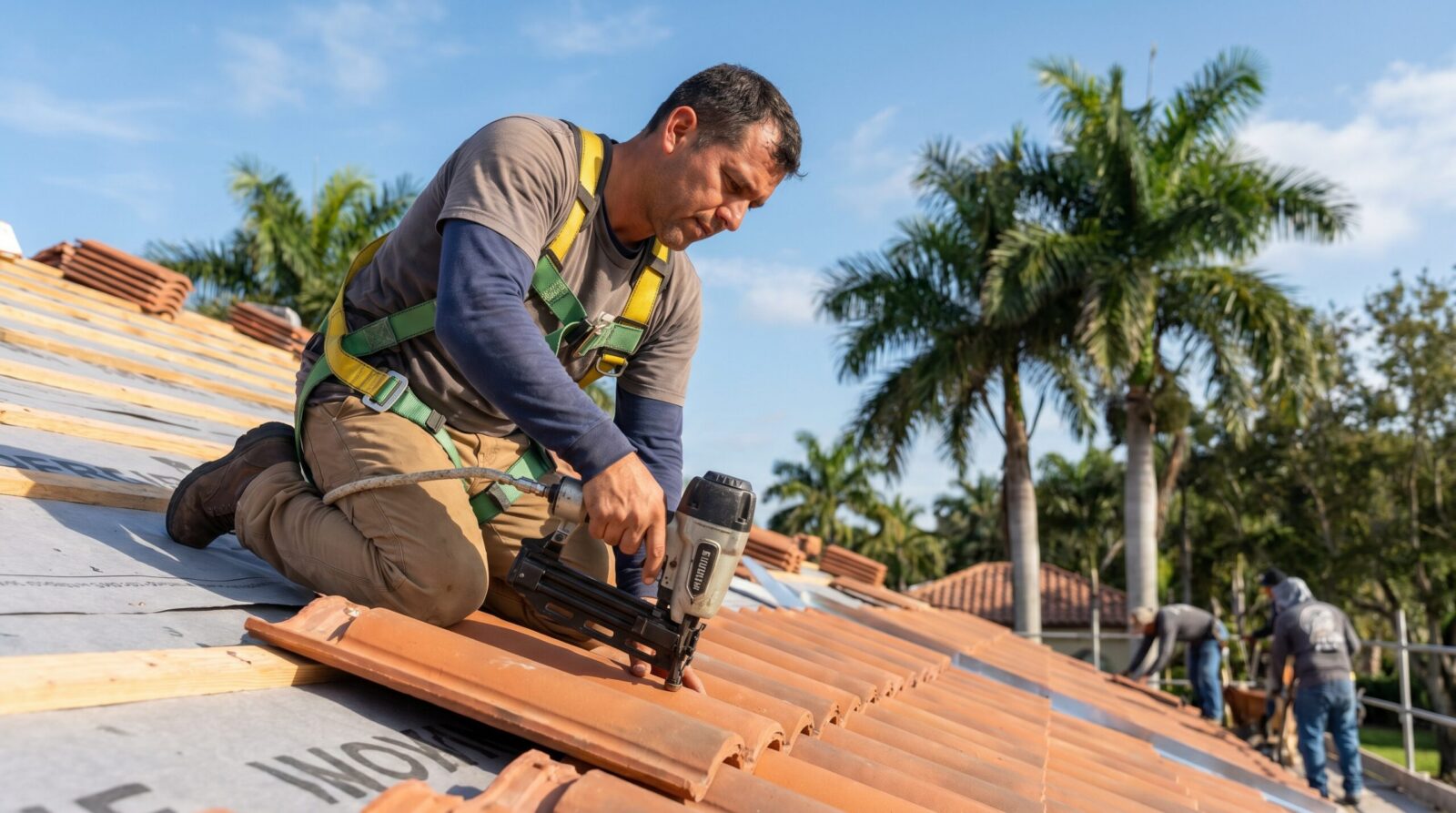 Professional roofer installing clay tiles on Florida home showing proper technique