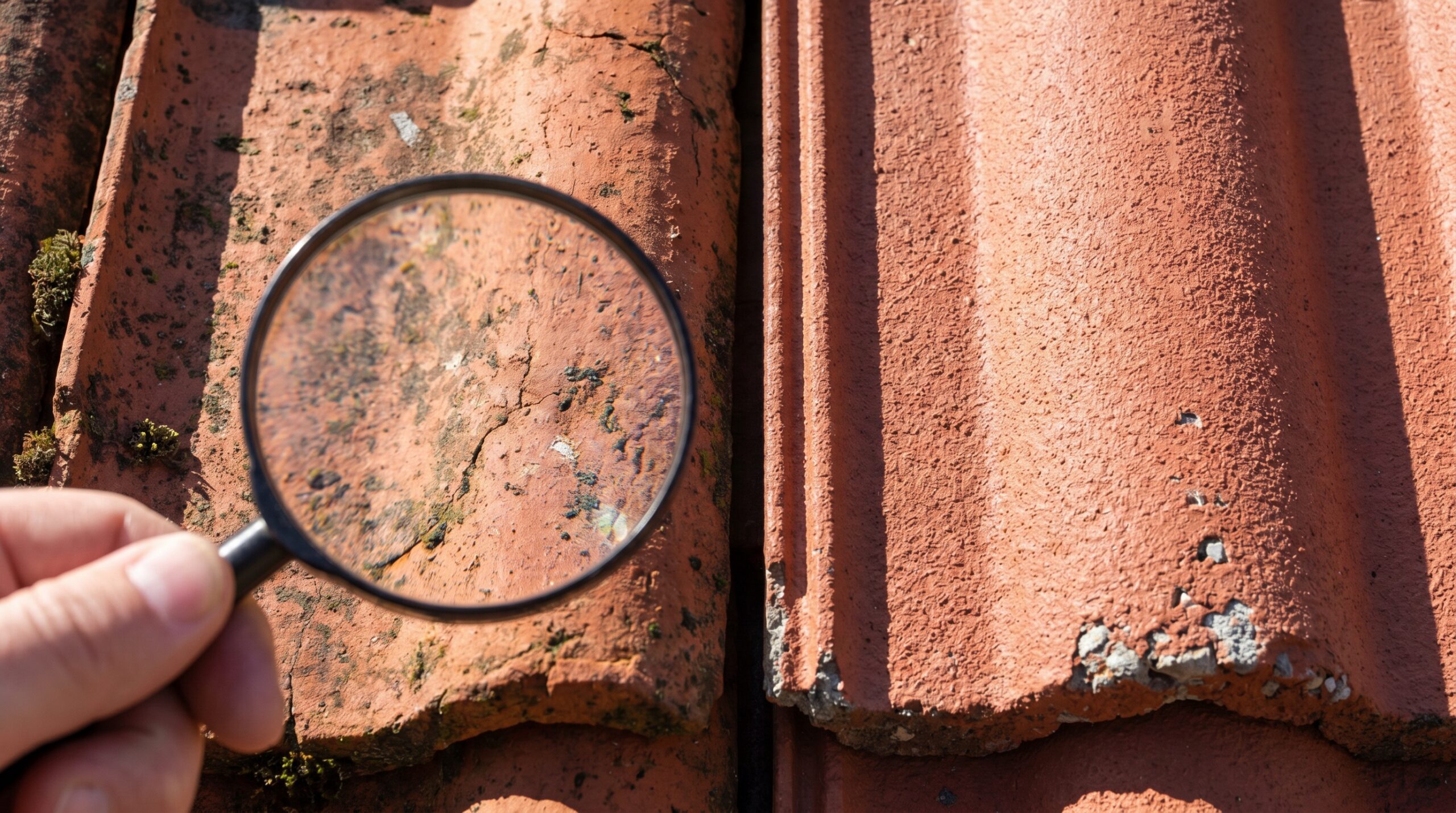 Close-up comparison of clay and concrete roof tiles showing texture differences