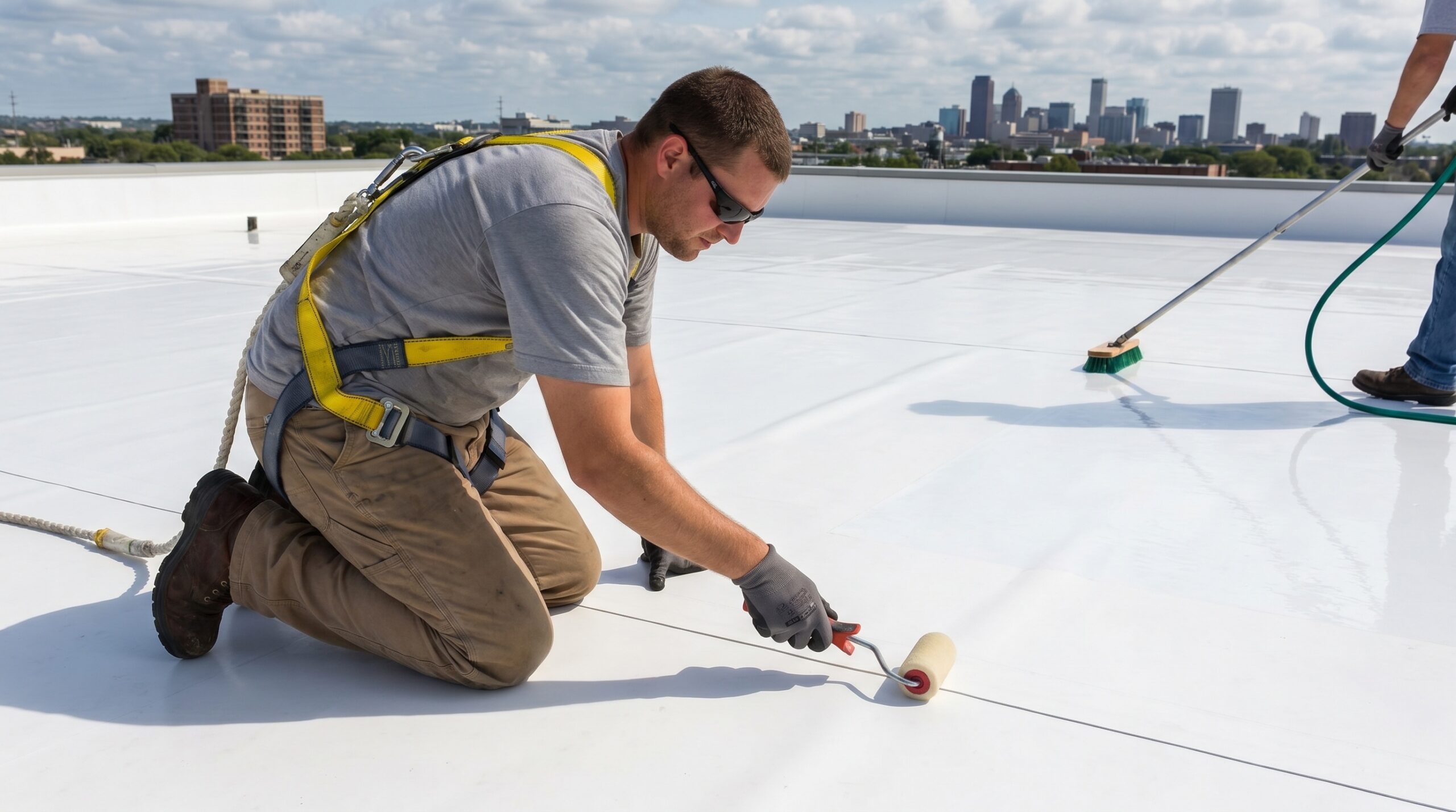 TPO roof maintenance worker inspecting seams and cleaning membrane surface