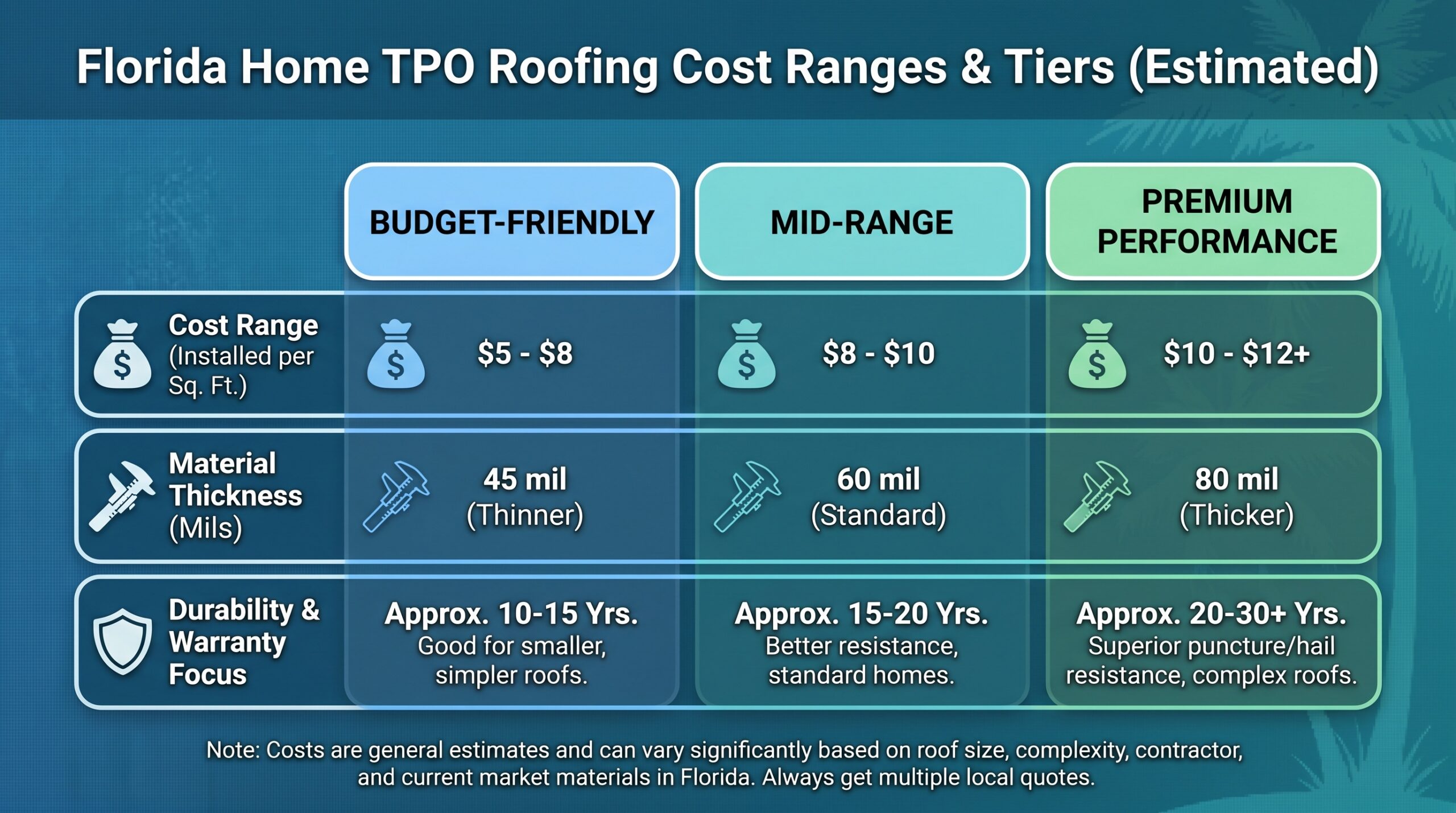 Comparison chart showing different TPO roofing cost ranges for Florida homes