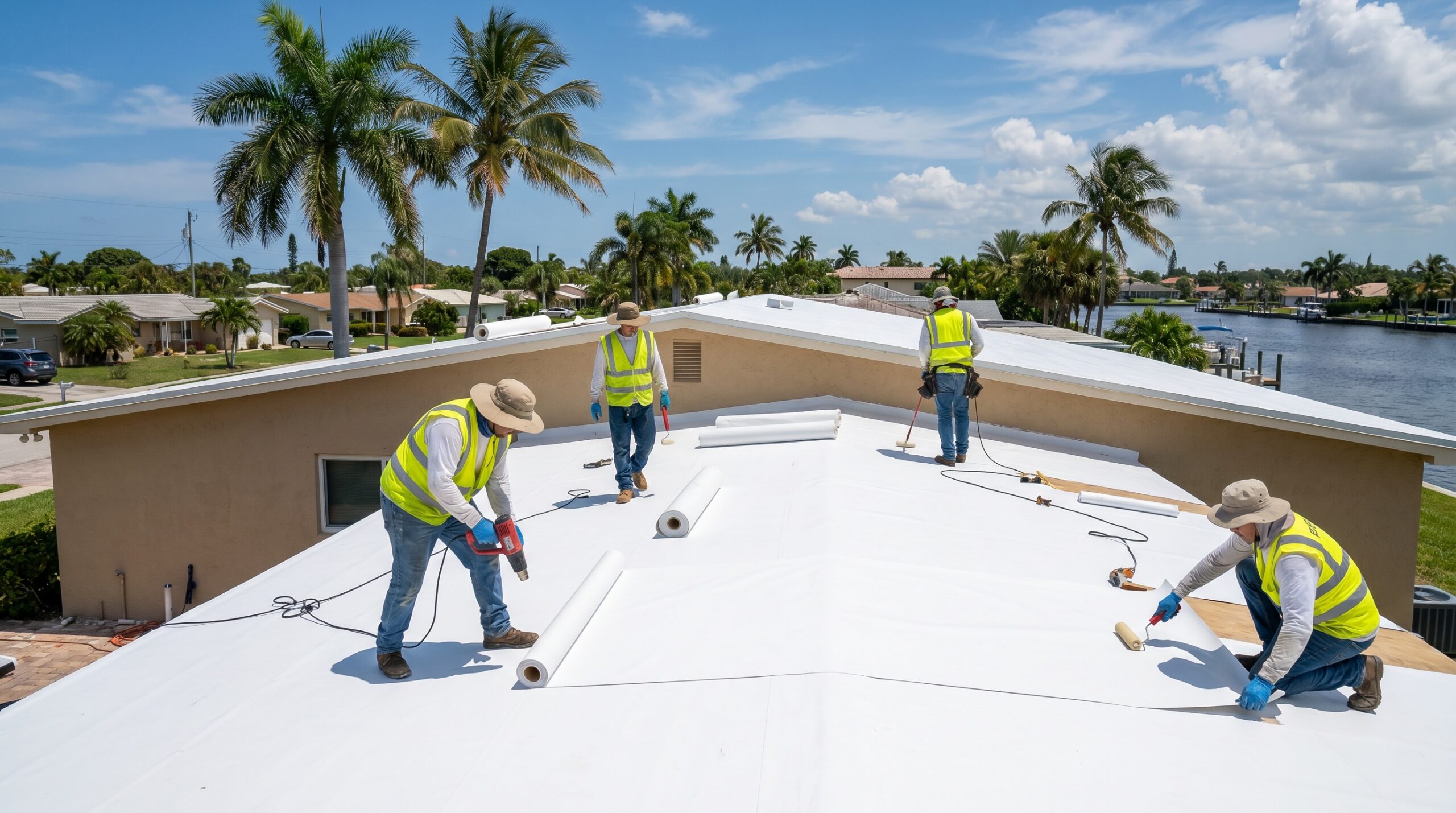 Four workers in yellow safety vests install white roofing material on a flat roof of a building, with palm trees, houses, and a waterway visible in the background under a sunny sky.