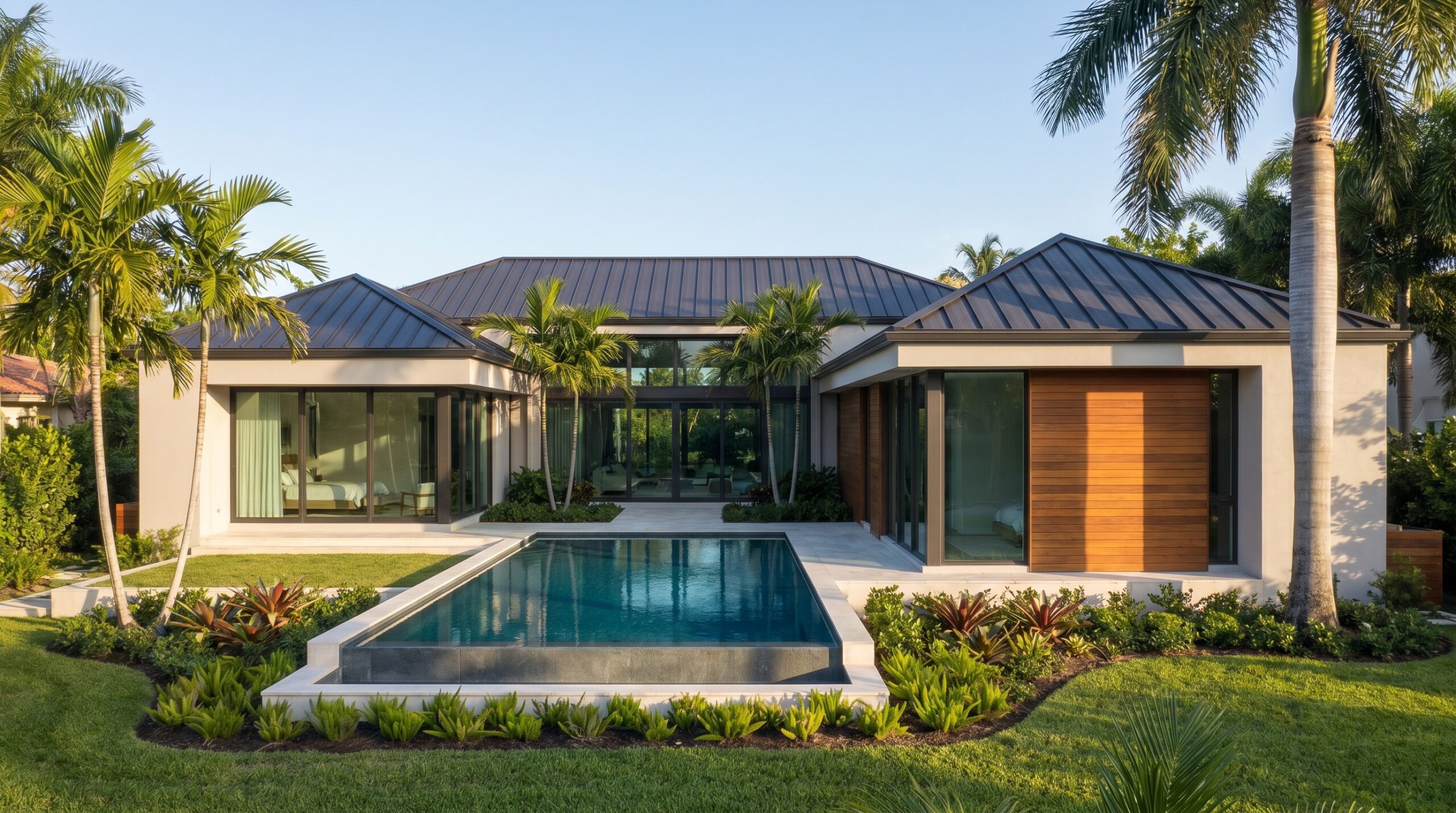 Modern single-story house with large glass windows, a dark metal roof, and wooden accents, surrounded by palm trees and lush landscaping. A rectangular swimming pool is centered in the backyard lawn.