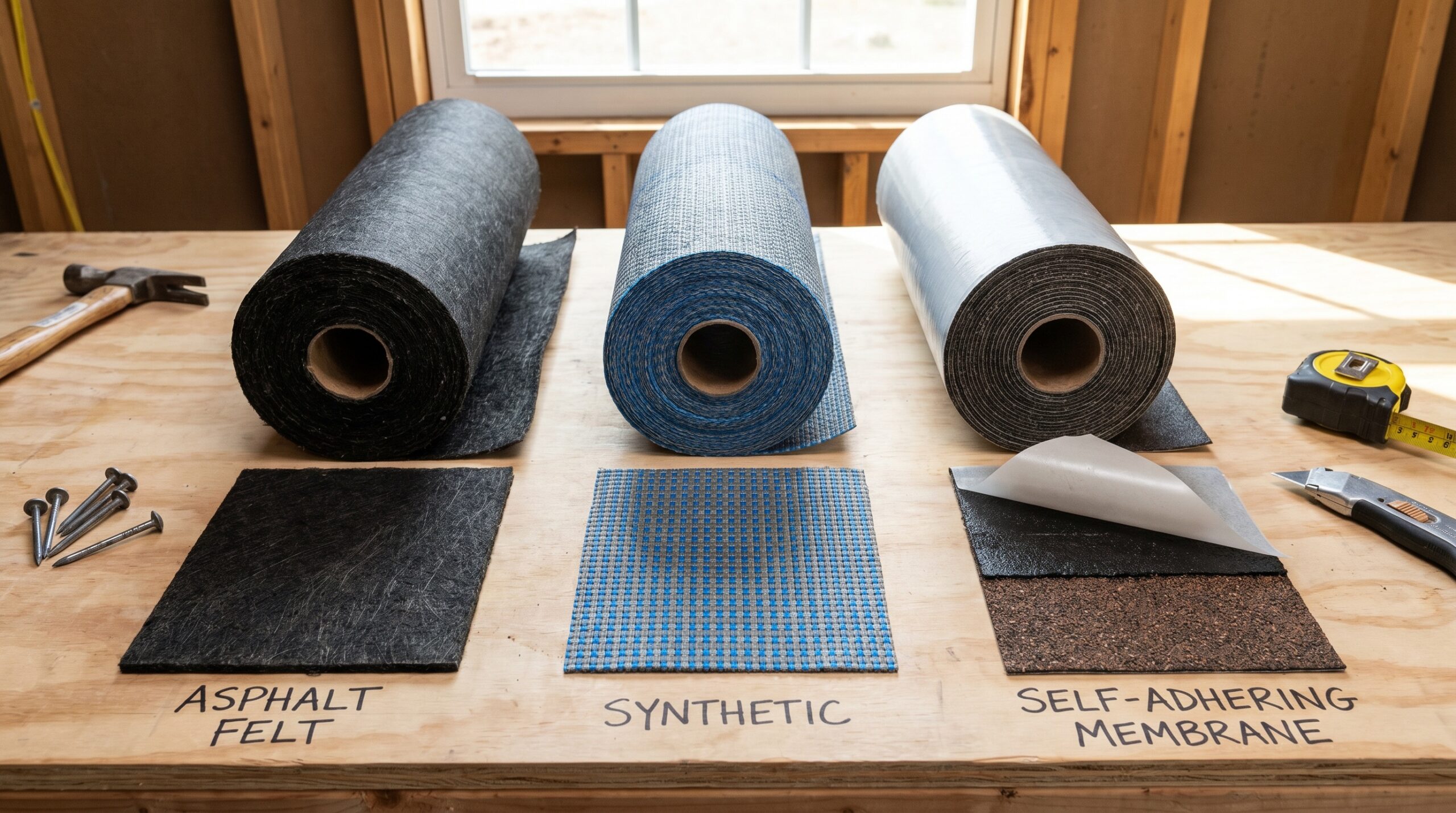 Side-by-side comparison of felt, synthetic, and self-adhering membrane underlayment materials