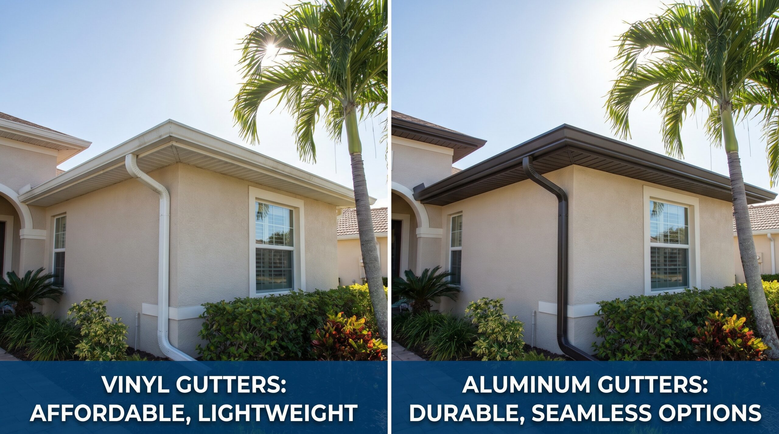 Side-by-side comparison of vinyl gutters on a beige house with white trim (left) and aluminum gutters with dark trim (right), each under palm trees, with text highlighting their key features.