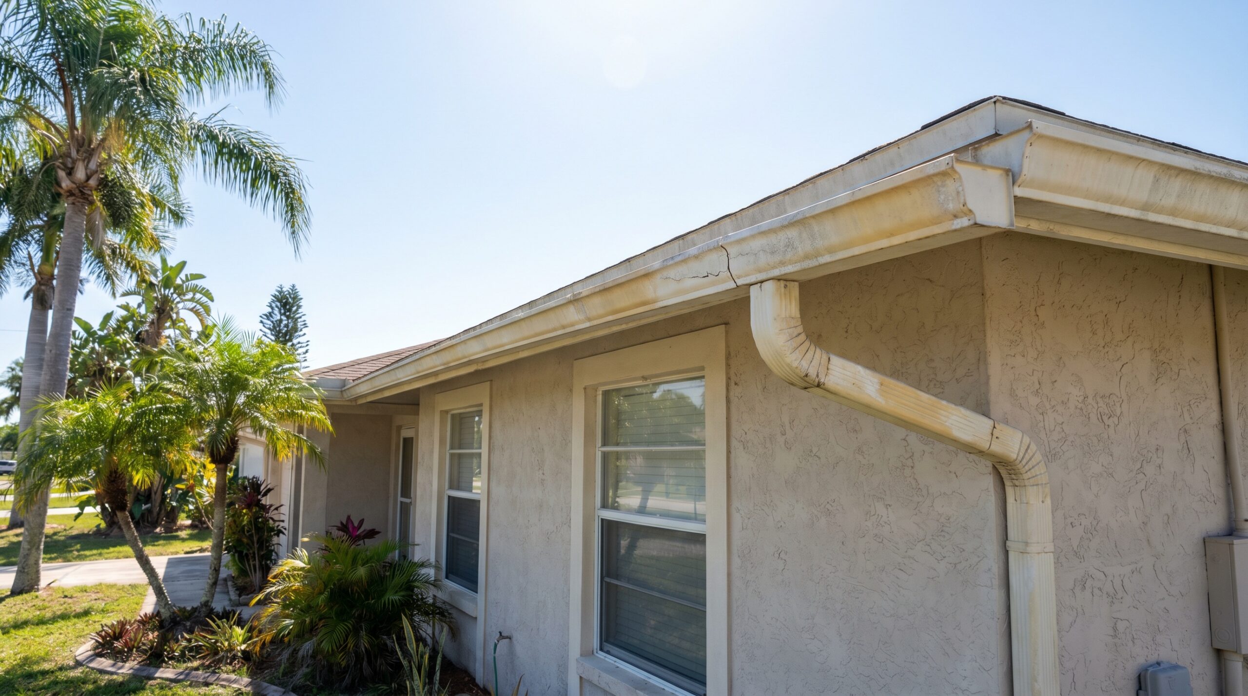 Florida home with damaged vinyl gutters showing UV damage
