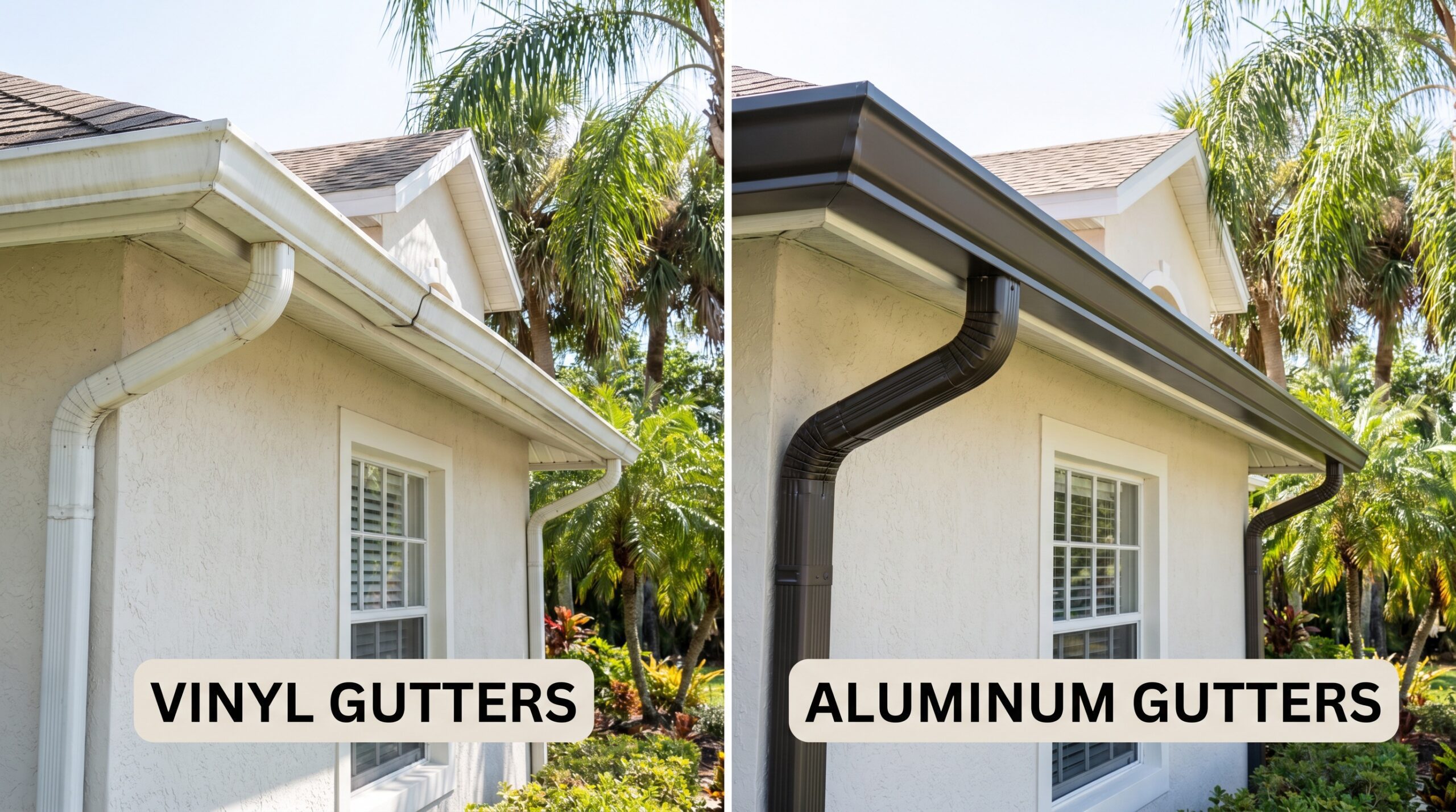 Side by side comparison of aluminum and vinyl gutters on Florida home