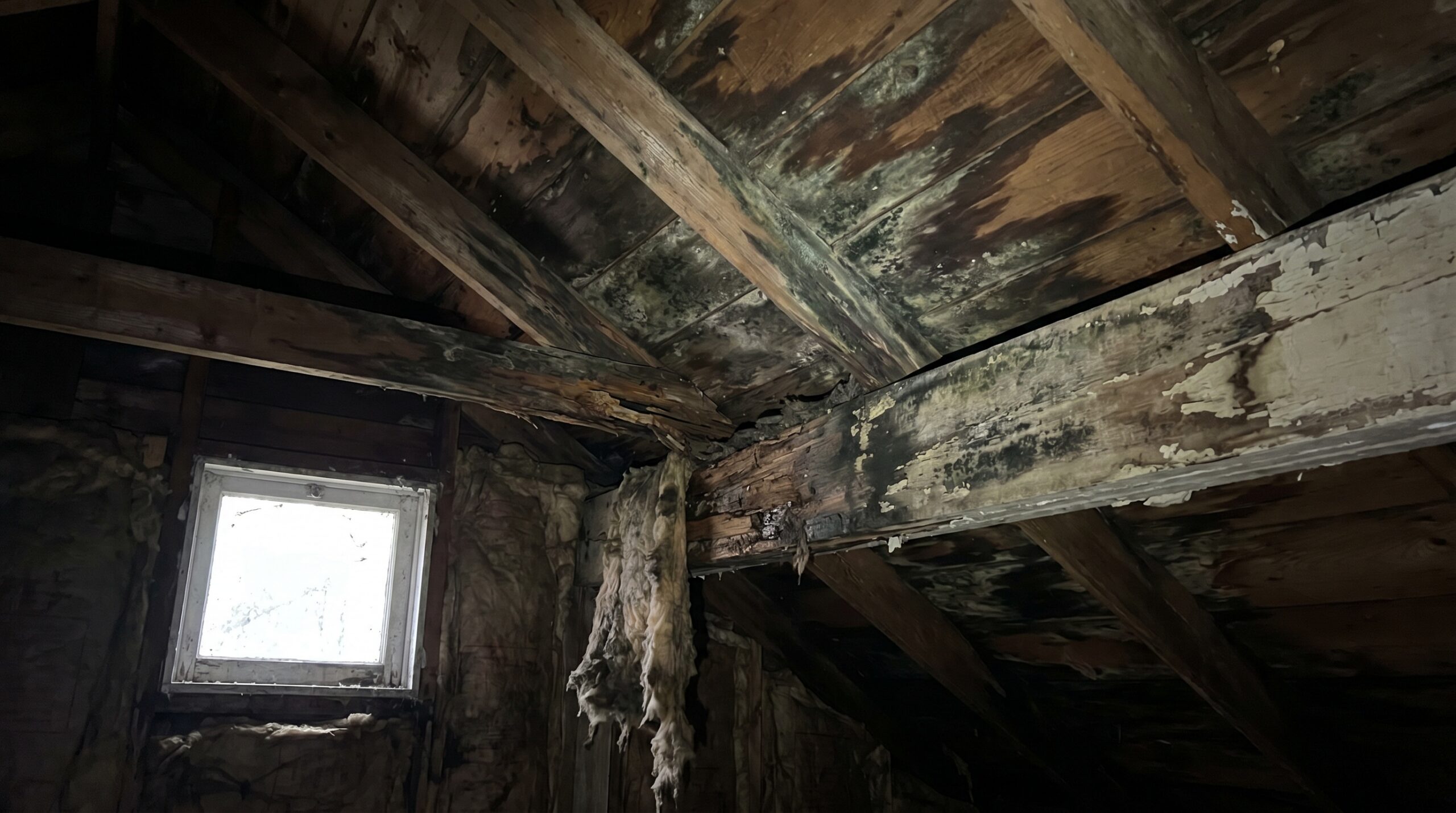 Water damage in attic with mold and rotted wood fascia