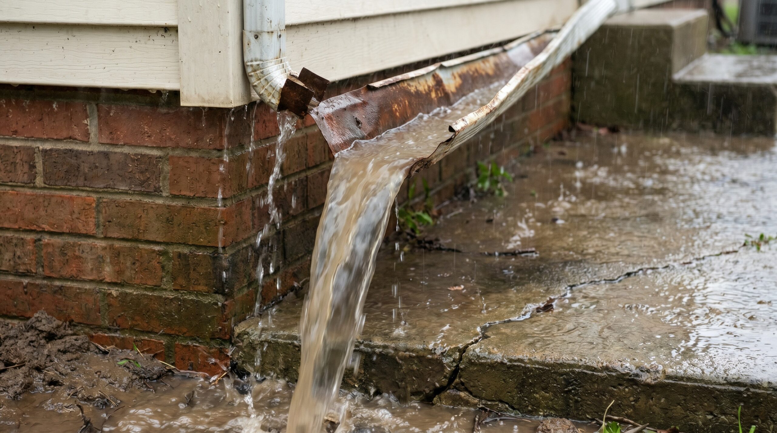 Rainwater flows heavily through a damaged, rusted gutter downspout, spilling onto cracked concrete next to a brick house foundation, causing muddy runoff and potential flooding.