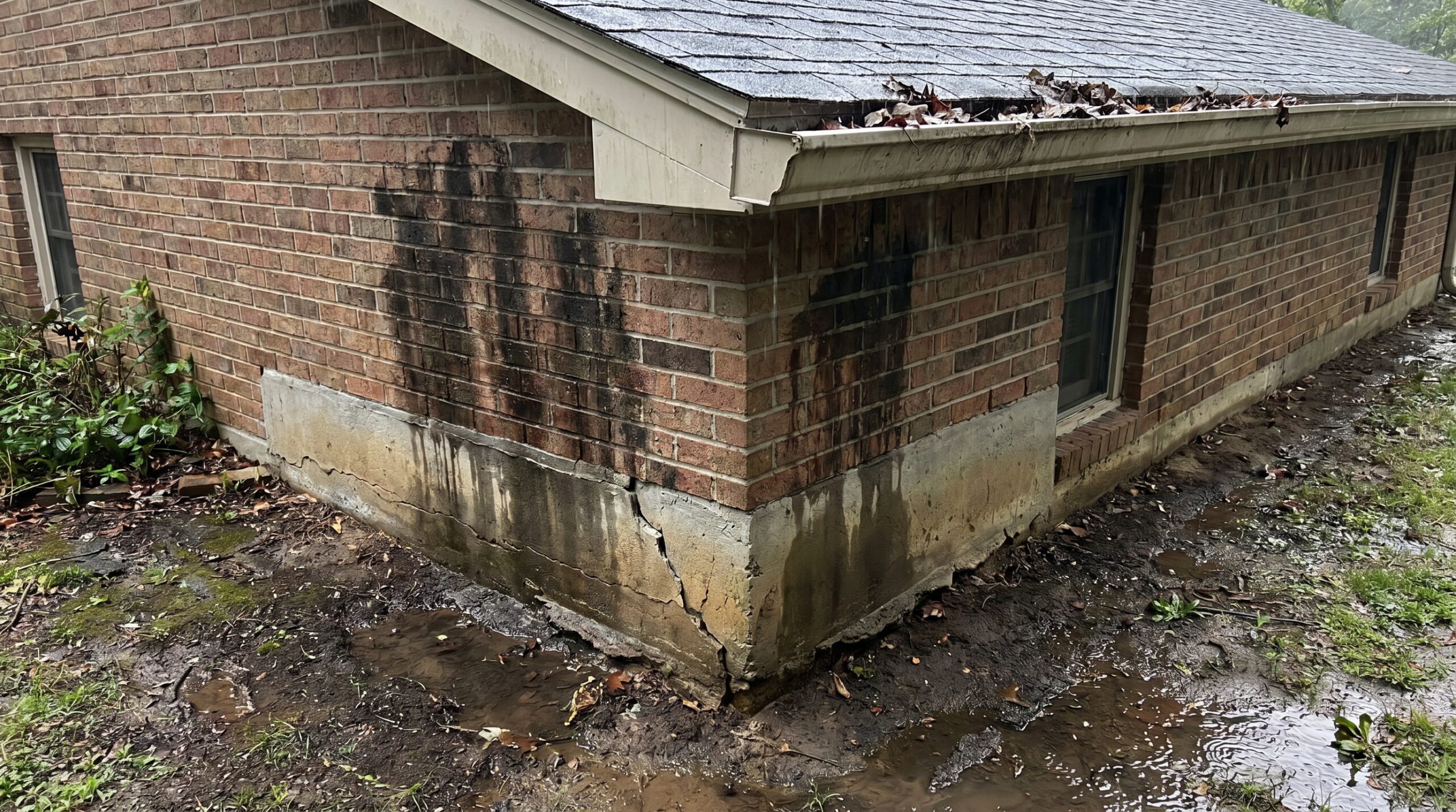 water stains and foundation damage caused by gutter overflow