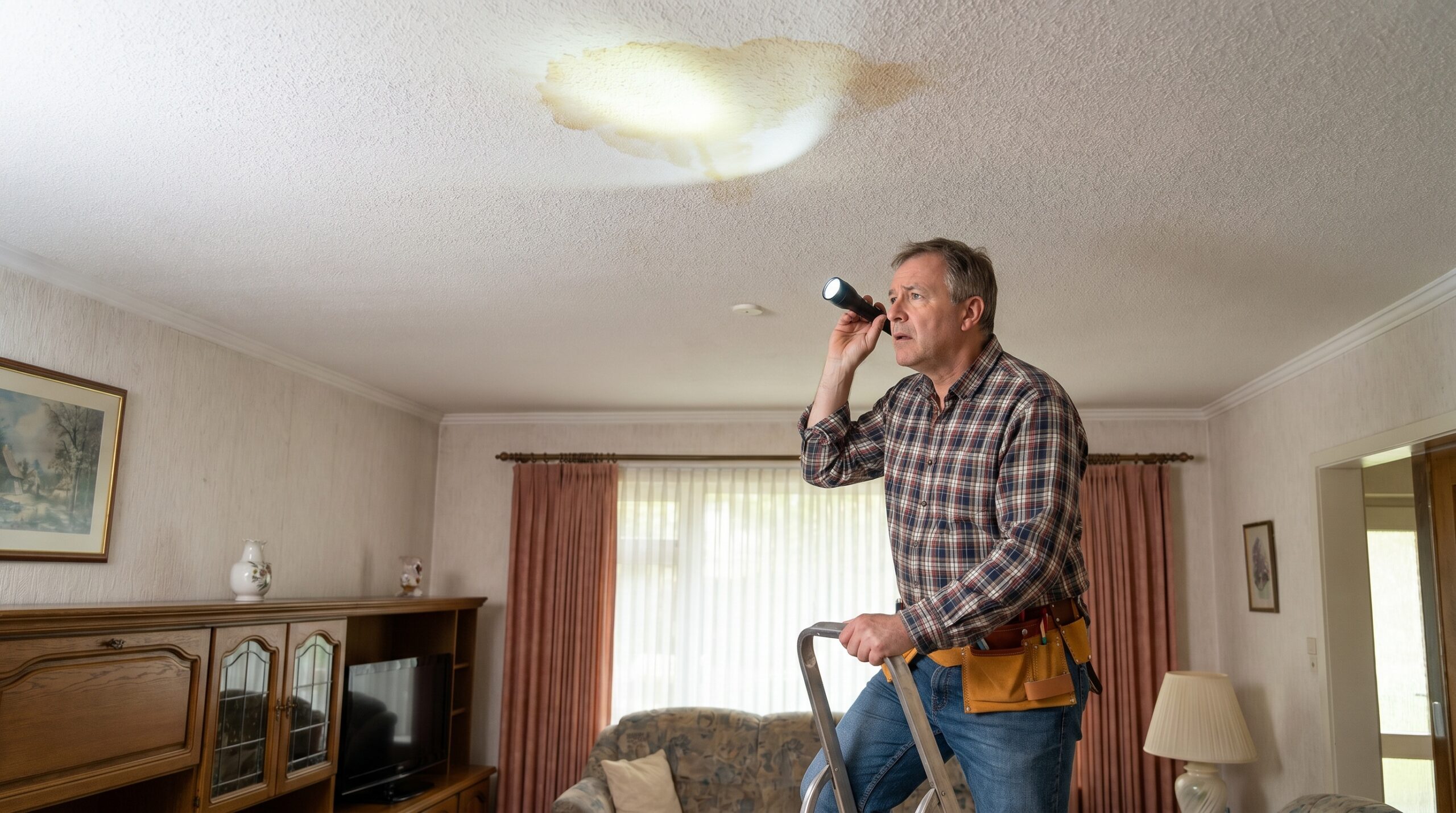 Homeowner inspecting ceiling stain with flashlight
