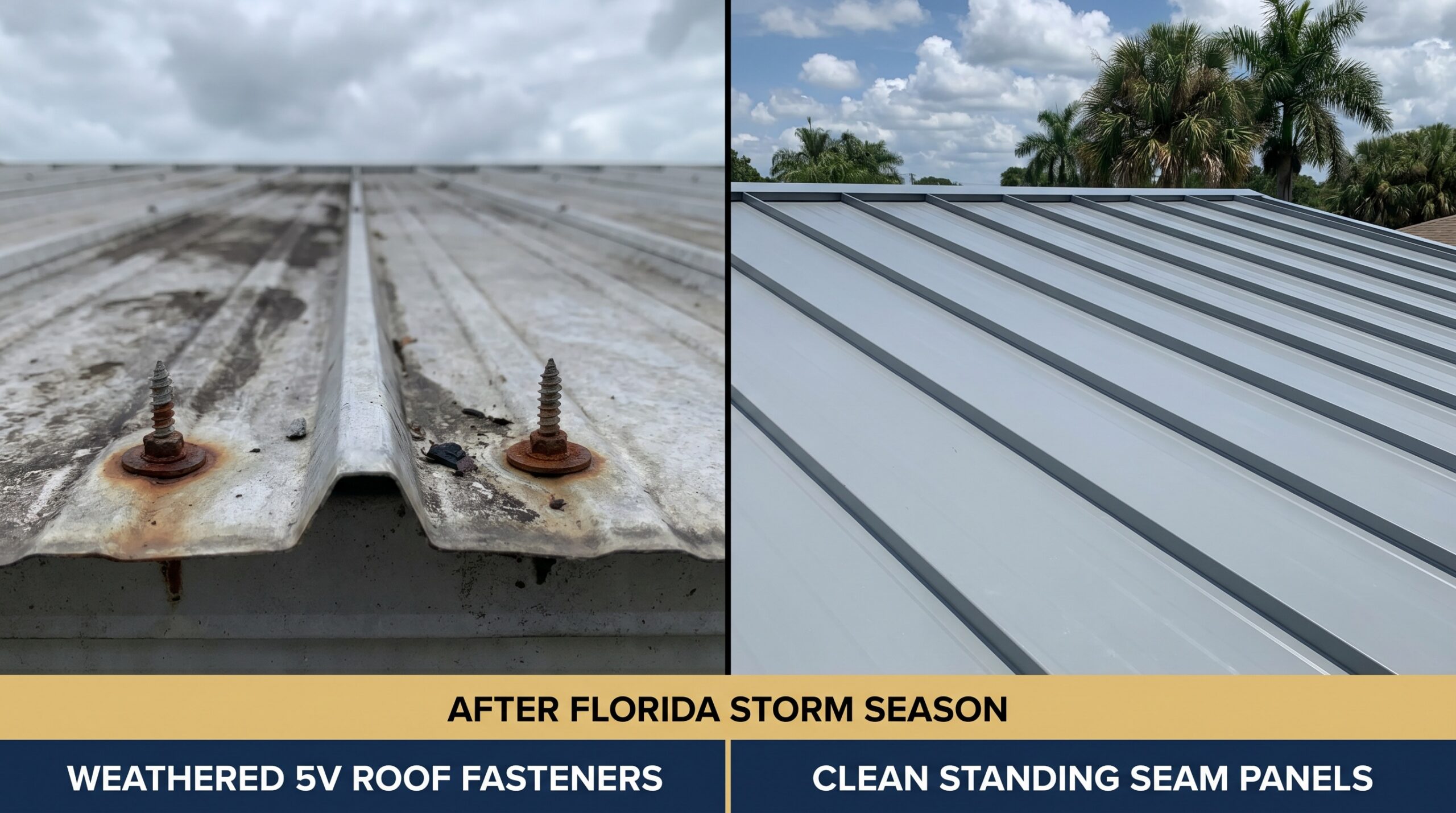 Side-by-side comparison showing weathered 5V roof fasteners versus clean standing seam panels after Florida storm season