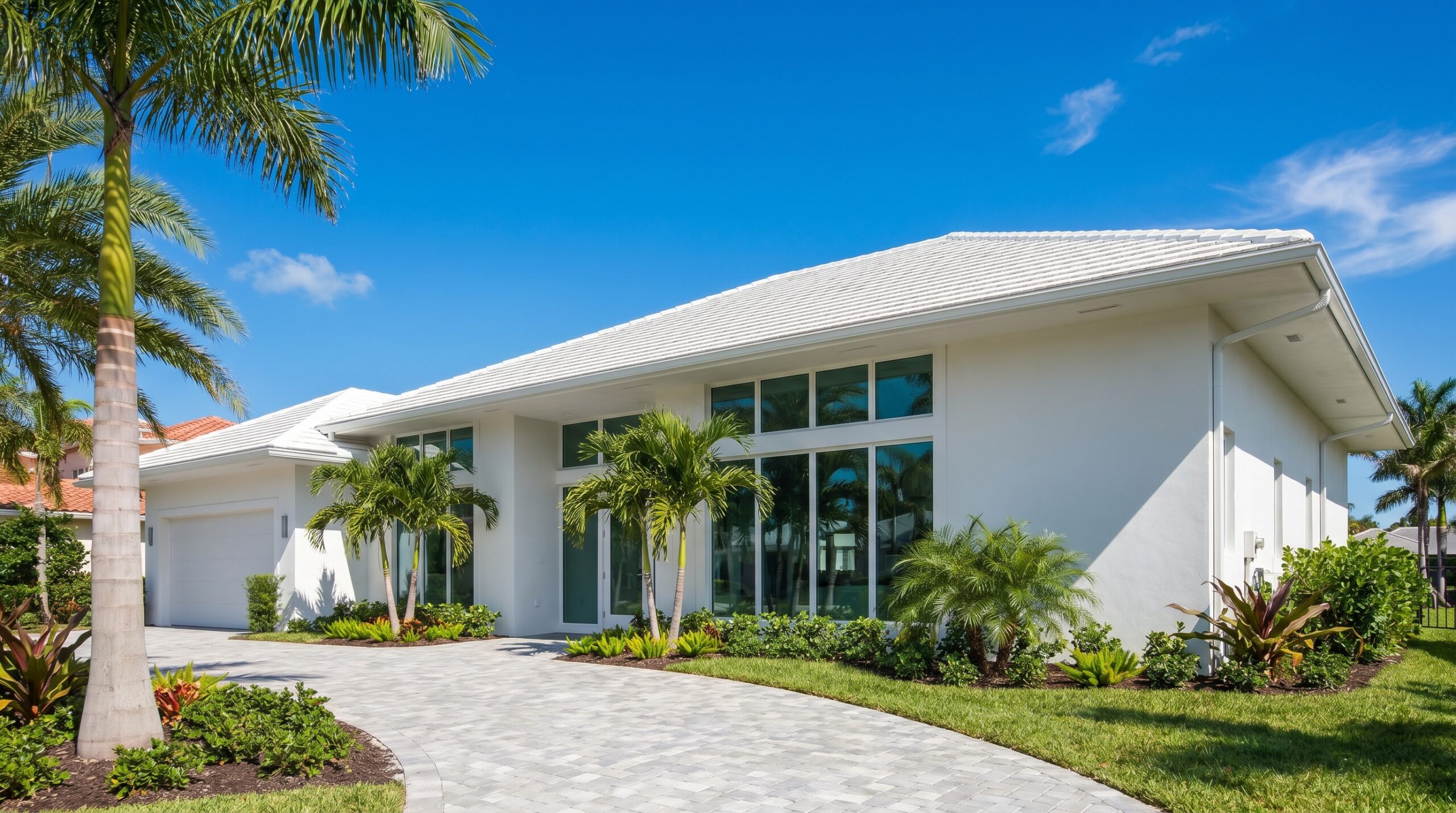 A modern white single-story house with large windows, palm trees, and lush green landscaping under a clear blue sky. A paved driveway curves toward the entrance.