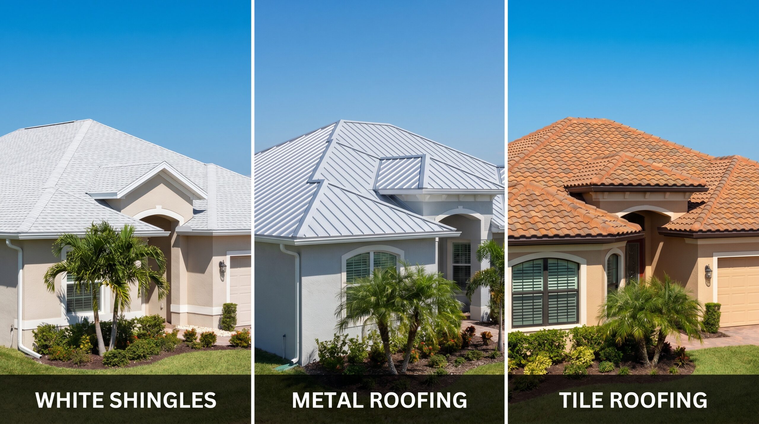 Side-by-side comparison of Florida homes showing white shingles, metal roofing, and tile roofing options