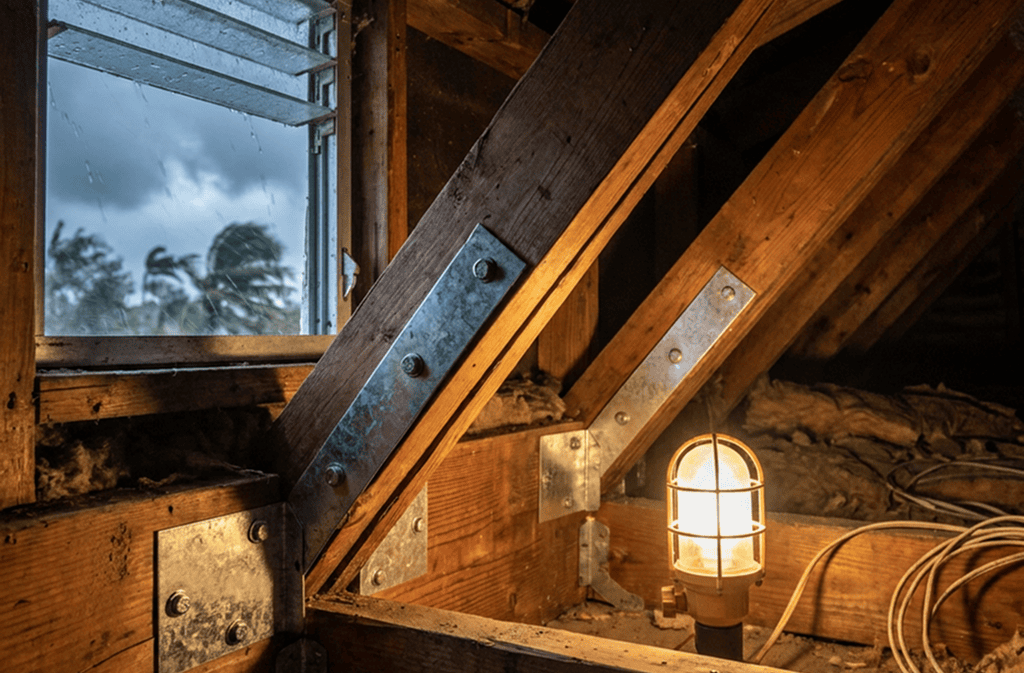A lit bulb in a wooden attic shines near exposed wires and beams, while a small window shows heavy rain, strong wind, and swaying trees outside, indicating a storm.