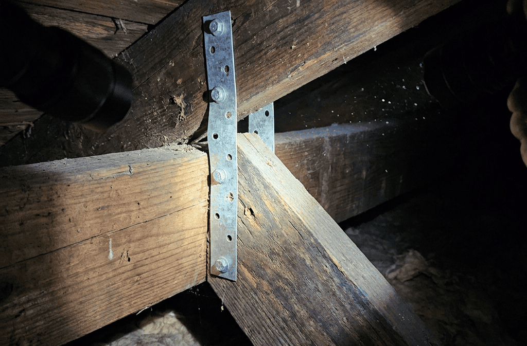 Close-up of wooden beams joined with a metal bracket and bolts inside an attic, illuminated by flashlight beams from both sides.