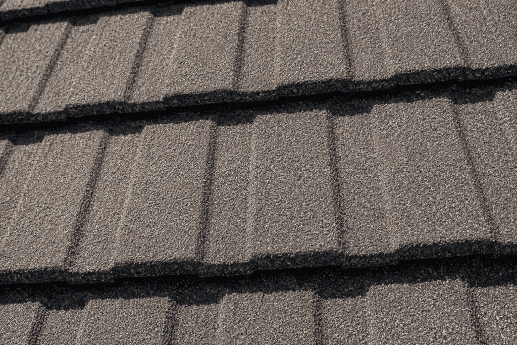 Close-up of gray textured roof shingles arranged in overlapping horizontal rows, showing detailed granule surface and shadows between each row.