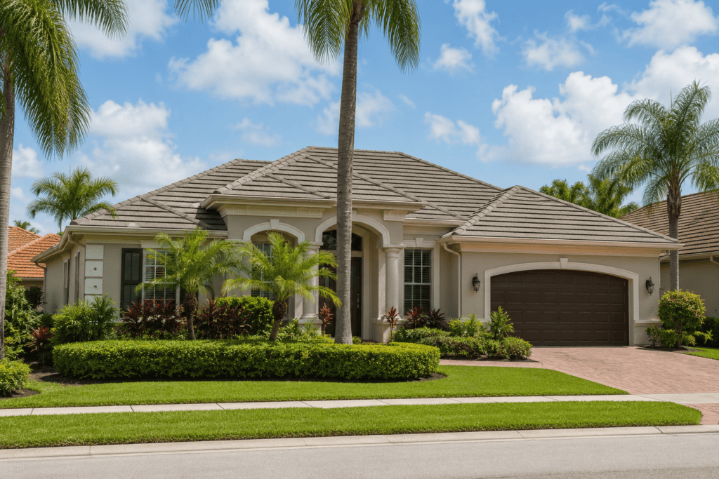 A modern single-story house with a tiled roof, palm trees, manicured lawn, two-car garage, and a clear blue sky with some clouds overhead.