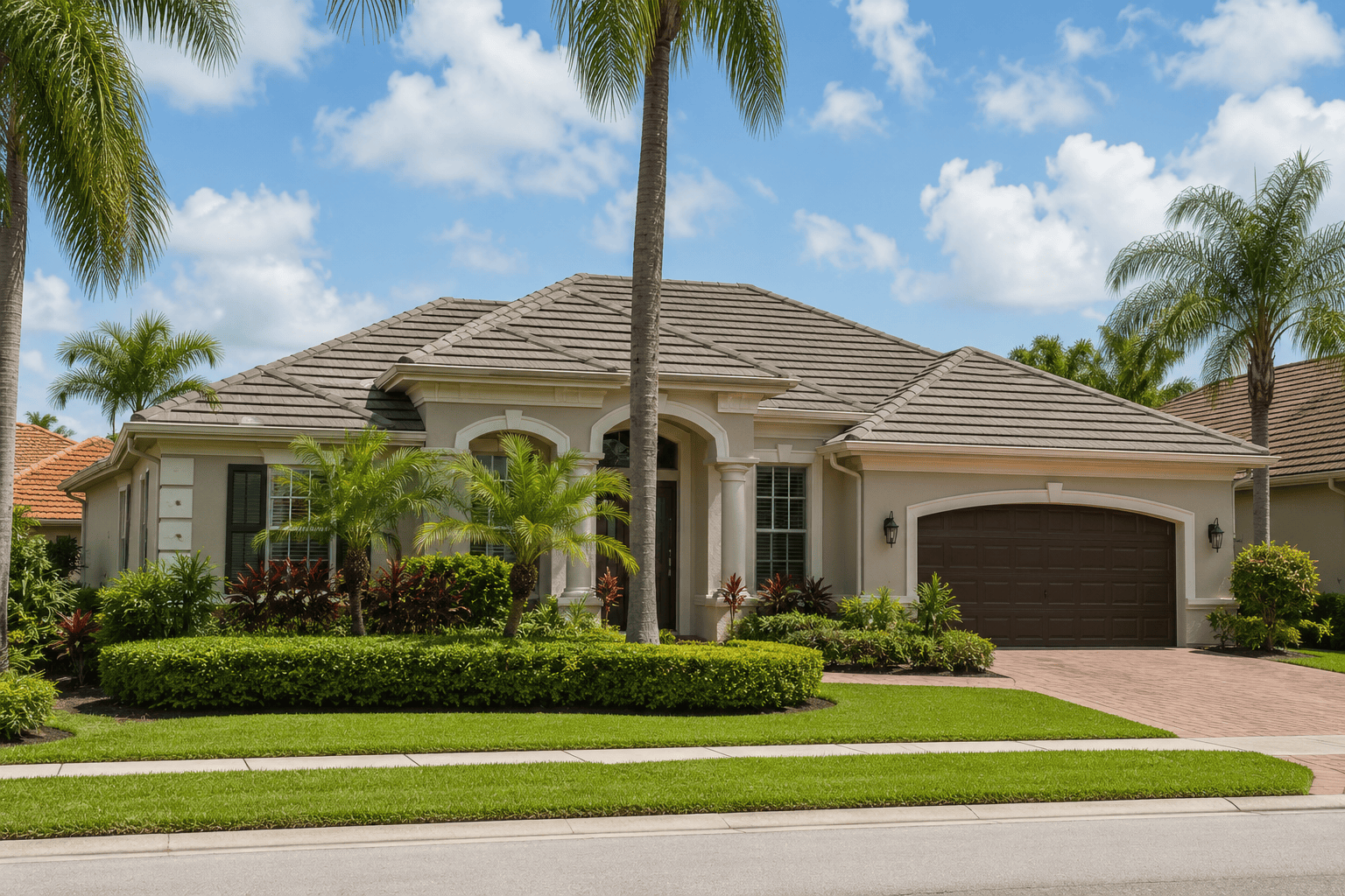 A modern single-story house with a tiled roof, palm trees, manicured lawn, two-car garage, and a clear blue sky with some clouds overhead.