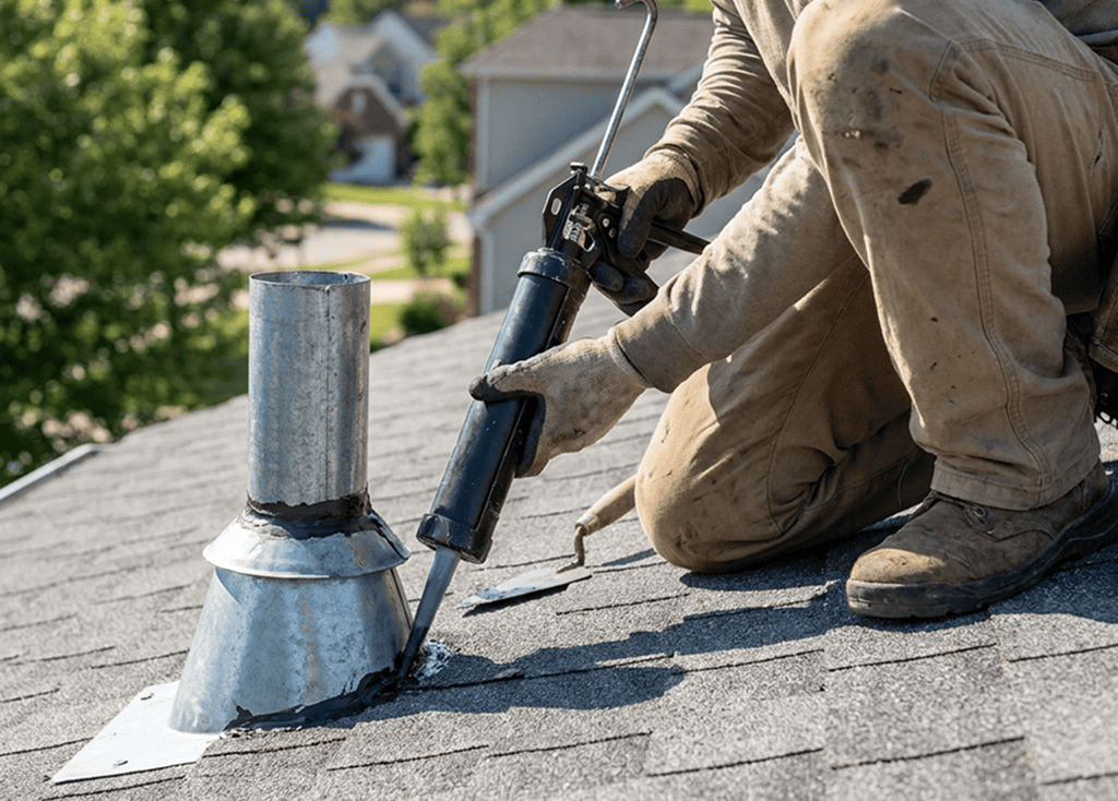 A person in work clothes kneels on a roof, applying sealant around a metal vent pipe with a caulking gun. Trees and houses are visible in the blurred background.