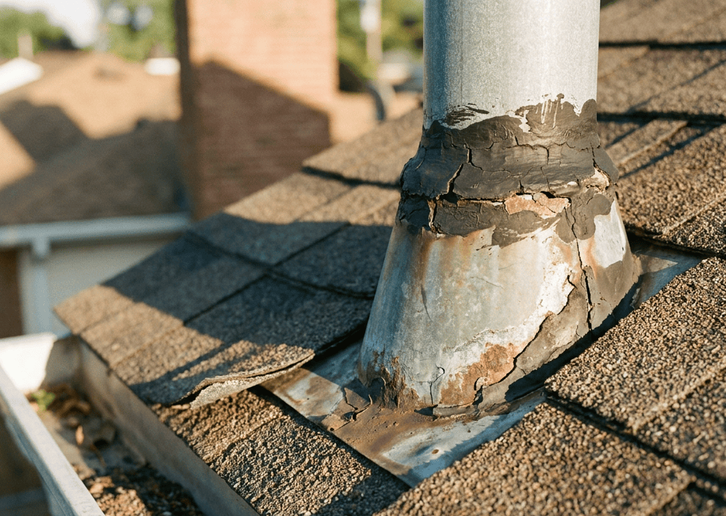A metal roof vent with cracked and deteriorating sealant sits on an asphalt shingle roof, showing signs of severe weathering and damage. Nearby shingles also appear worn. Houses are visible in the background.