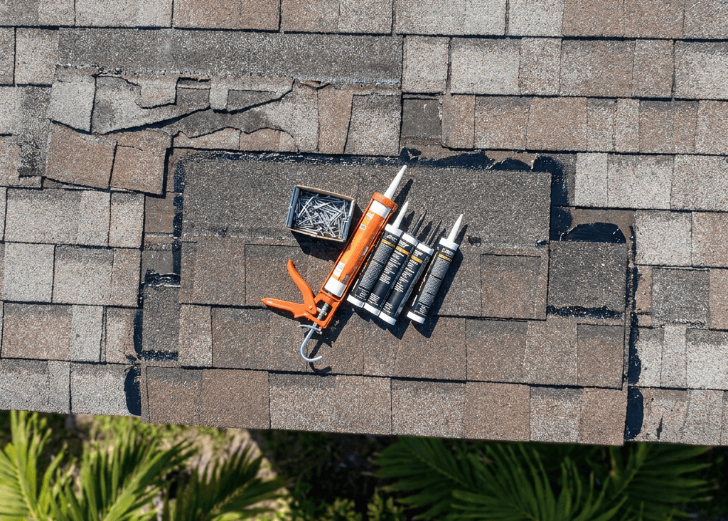 A roof with damaged shingles shows repair supplies: a caulking gun, four tubes of roofing sealant, and a box of nails placed on the newly installed shingles. Green leaves are visible at the bottom edge.
