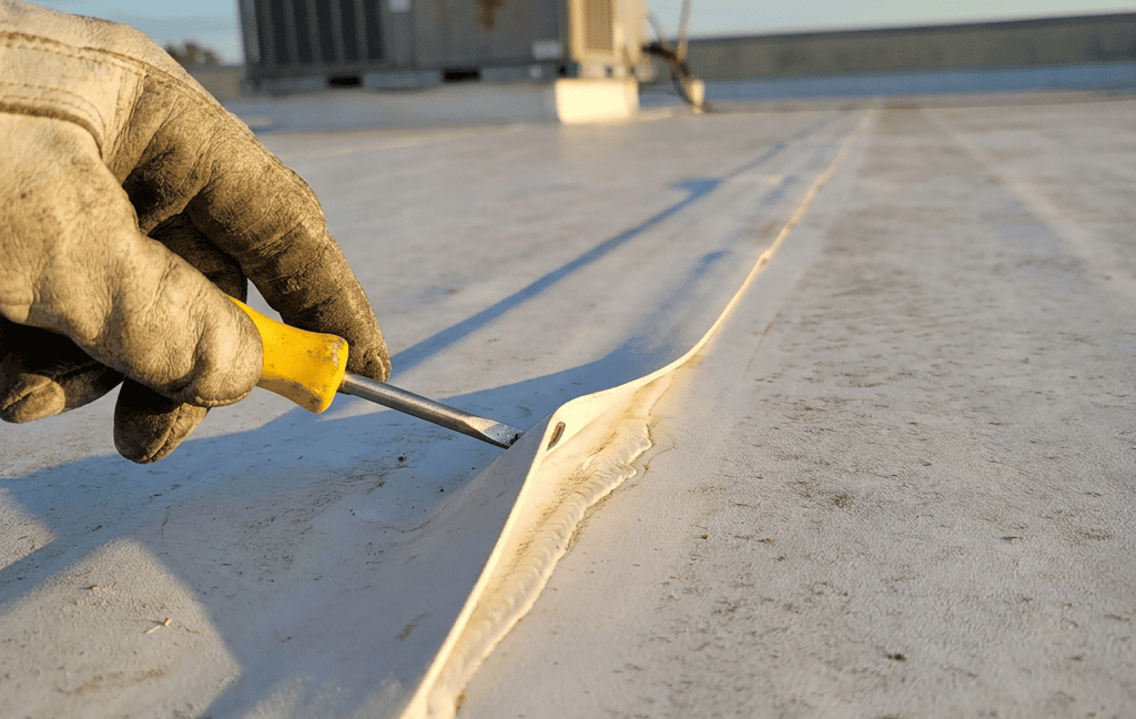 A gloved hand uses a screwdriver to lift or inspect a seam on a white flat roof, highlighting roofing maintenance or repair work.