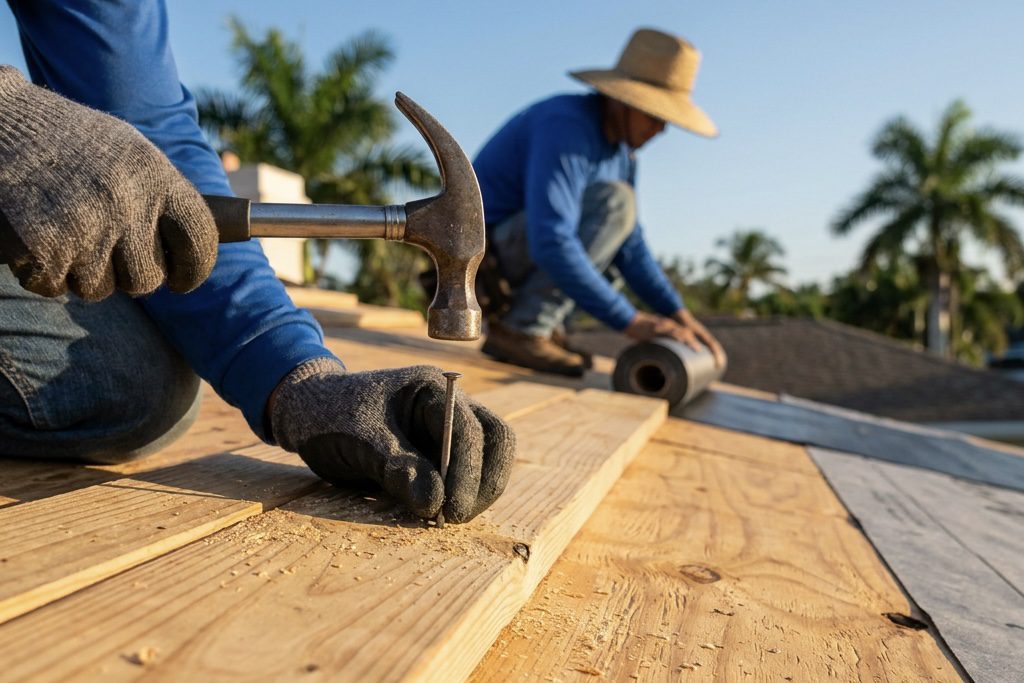 Two workers in blue shirts and gloves repair a wooden roof under a clear sky, with palm trees in the background. One hammers a nail, while the other unrolls roofing material.