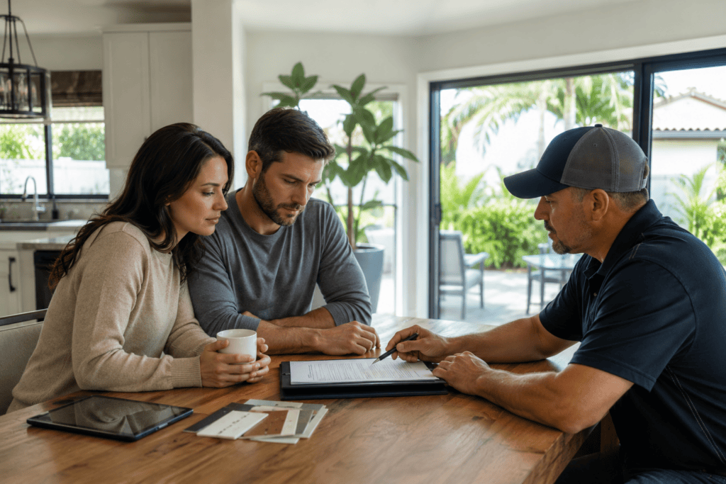 A couple sits at a table with a man in a cap, reviewing and discussing documents. The table has a tablet, sample materials, and papers. Bright natural light streams in from large windows in the background.