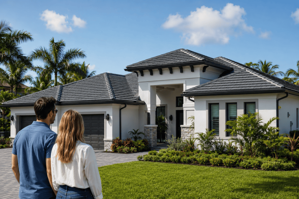 A man and woman stand on a lawn, looking at a modern, single-story house with a gray roof, surrounded by palm trees and landscaped greenery under a blue sky with scattered clouds.
