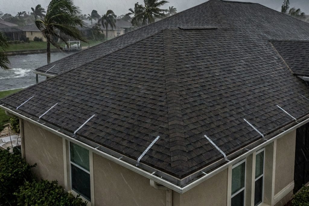 A house with a shingled roof is seen in heavy rain and strong wind. Palm trees bend in the wind, and a canal is visible in the background. Straps are attached to the roof.