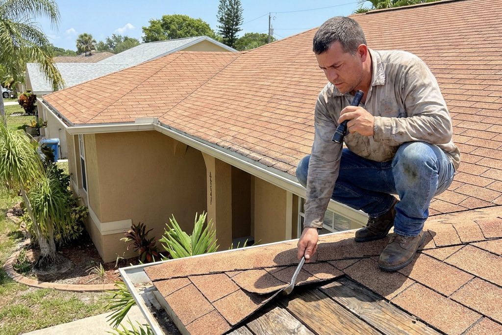A man kneels on a roof, holding a flashlight and inspecting damaged shingles with a tool. The roof has visible wood damage, and houses with similar roofs are in the background.