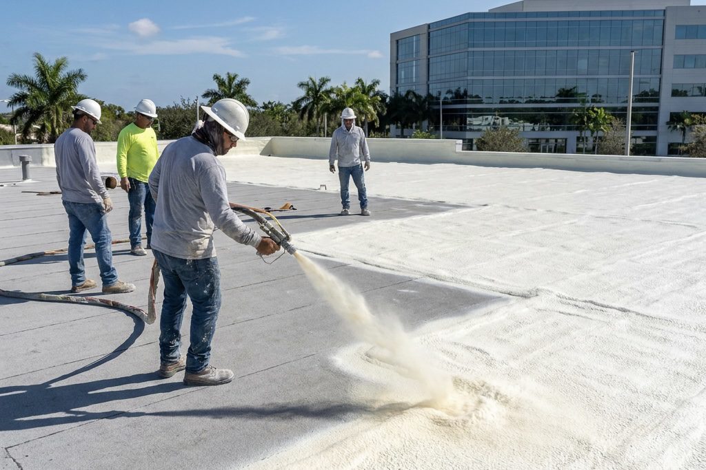 Four construction workers in safety gear apply a white coating to a flat rooftop under a clear blue sky, with palm trees and a glass office building in the background.