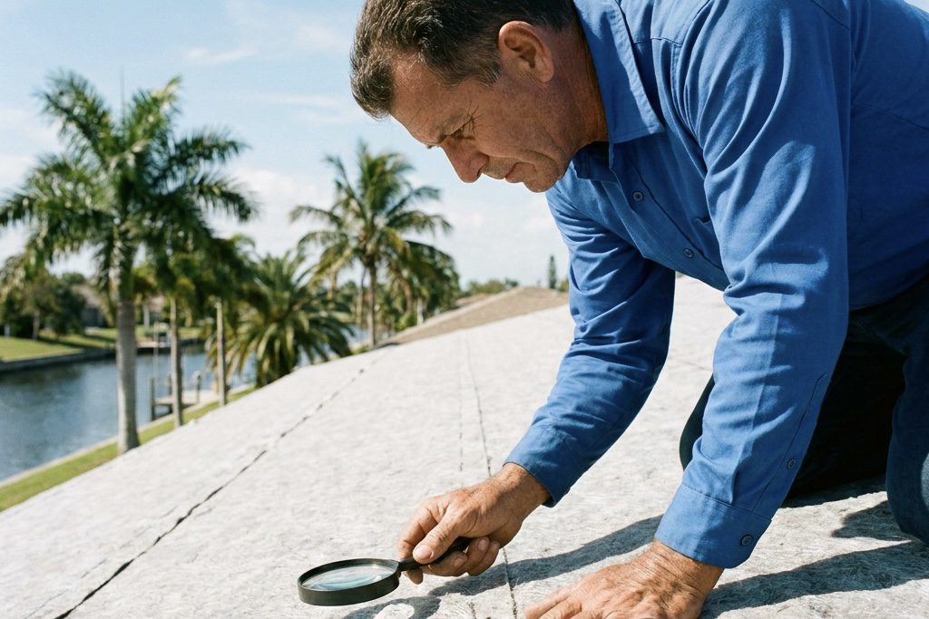 A man in a blue shirt kneels on a roof, closely inspecting the surface with a magnifying glass. Palm trees and water are visible in the background under a partly cloudy sky.