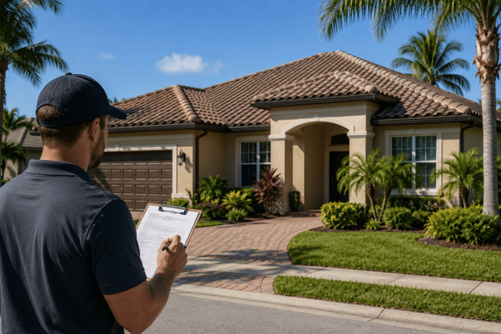 A man with a clipboard stands on the street, inspecting a tan, single-story house with a tile roof, palm trees, and a well-kept lawn under a clear blue sky.