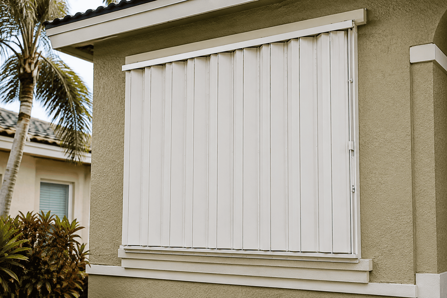 A house window covered with closed white hurricane shutters, with a palm tree and another house visible in the background.