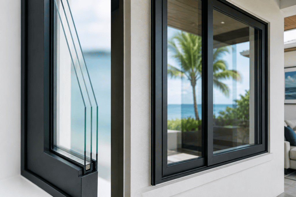 Close-up of modern black-framed sliding windows with ocean, palm tree, and blue sky views outside, and a bright interior with a couch and artwork partially visible inside.