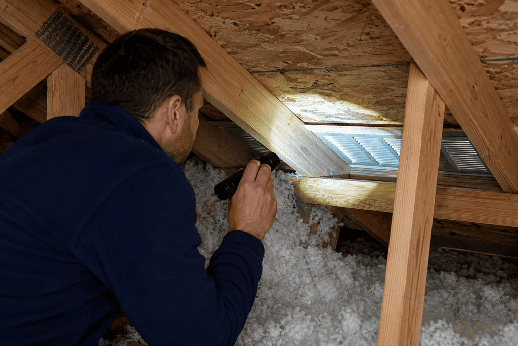 A person with short dark hair inspects an attic vent with a flashlight, surrounded by wooden beams and loose white insulation.