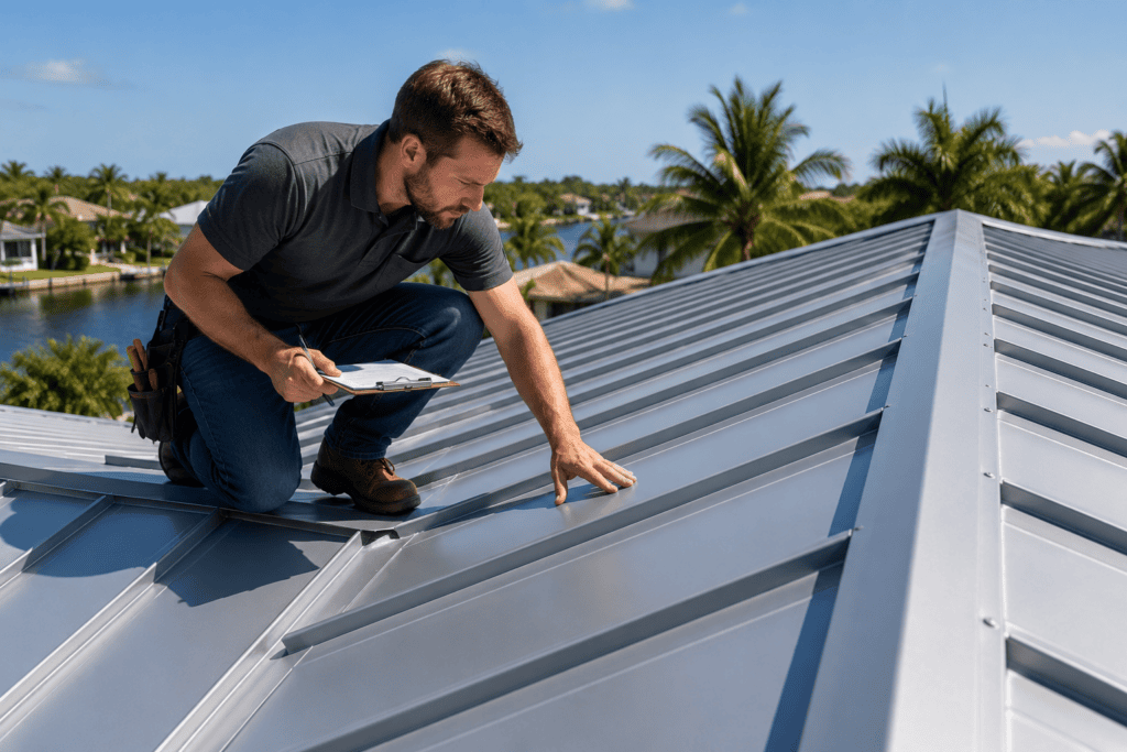 A man with a clipboard inspects a metal roof on a sunny day, surrounded by palm trees and water in the background.