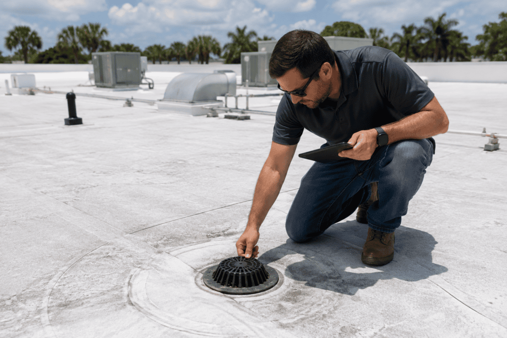 A man wearing sunglasses and holding a tablet inspects a rooftop drain on a flat white roof under a partly cloudy sky, with HVAC units and palm trees in the background.