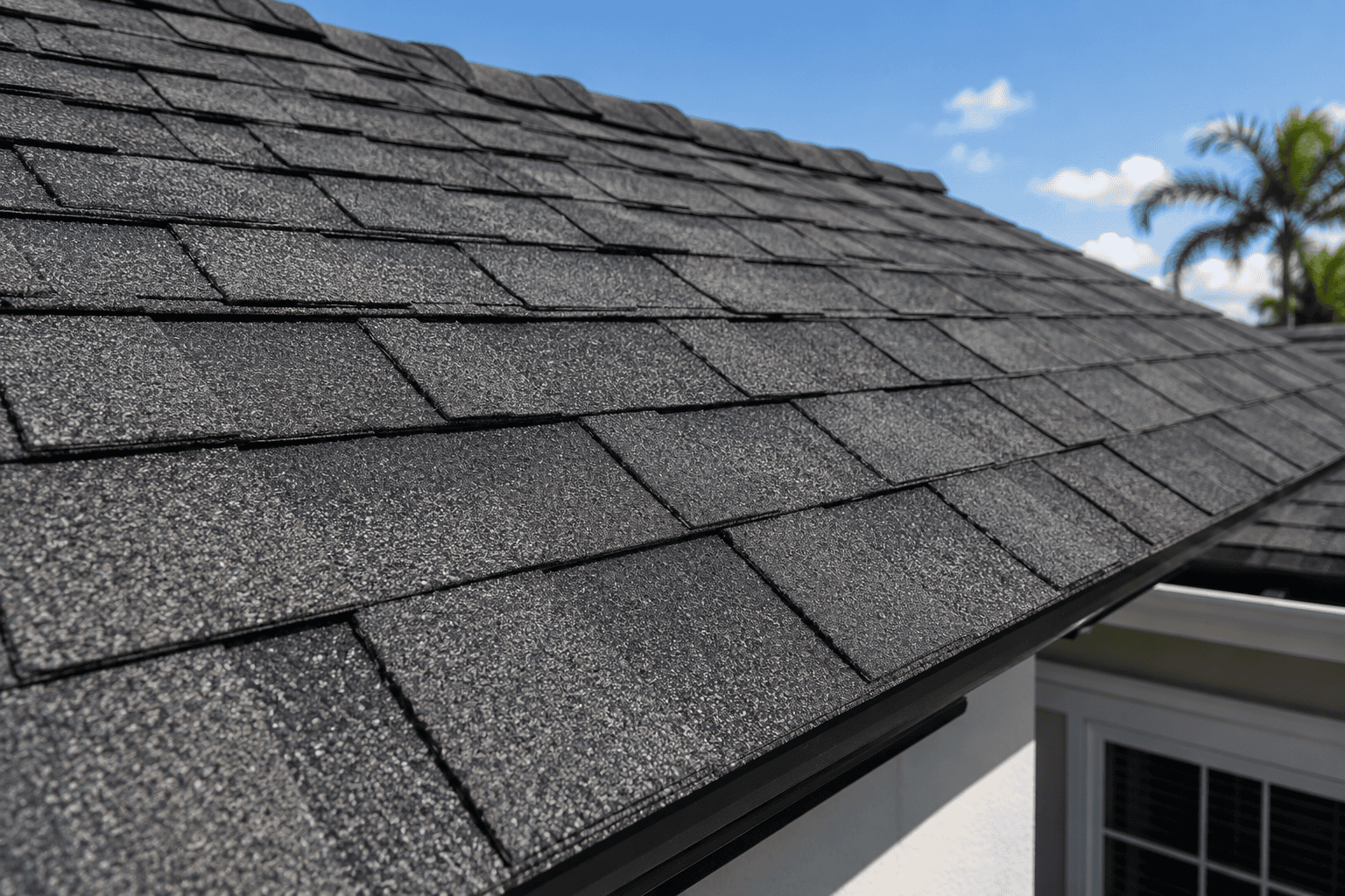 Close-up of dark gray asphalt shingles on a sloped house roof, set against a blue sky with a few clouds and a palm tree in the background.